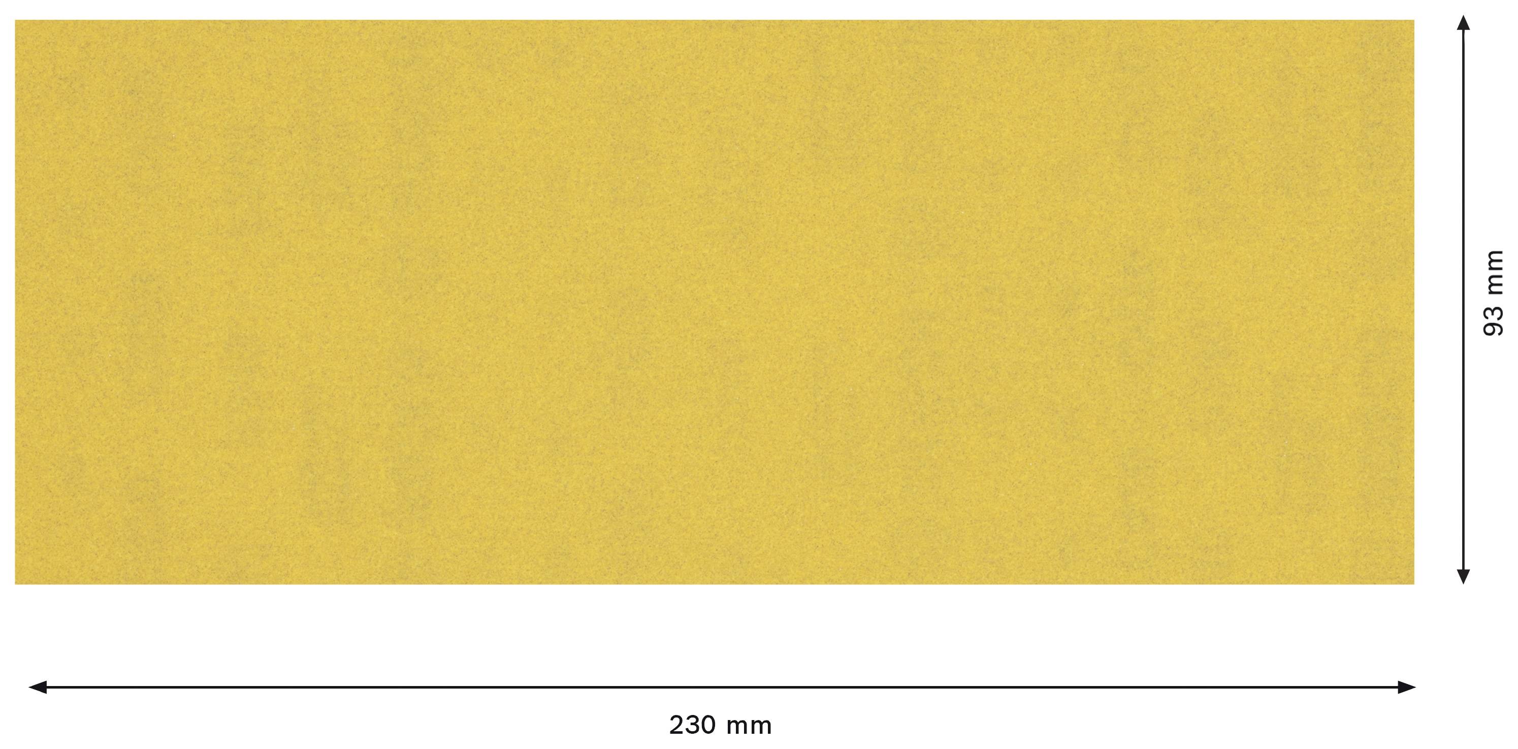 Rechthoekige gele doek of papier, 230 mm breed en 93 mm hoog, met pijlen die de afmetingen aangeven.