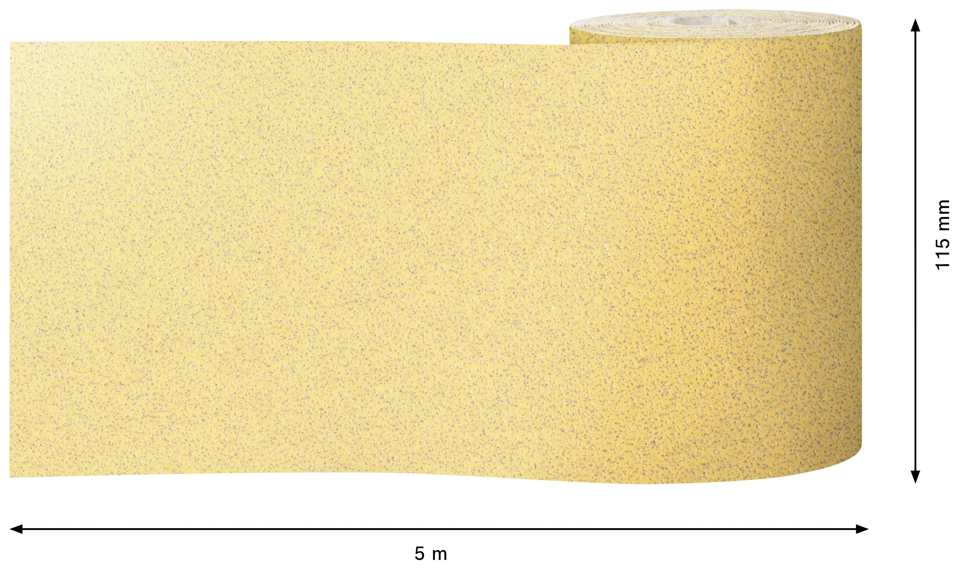 Een rol geel schuurpapier, 5 meter lang en 115 mm breed, half uitgerold, toont de ruwe oppervlakte en textuur.
