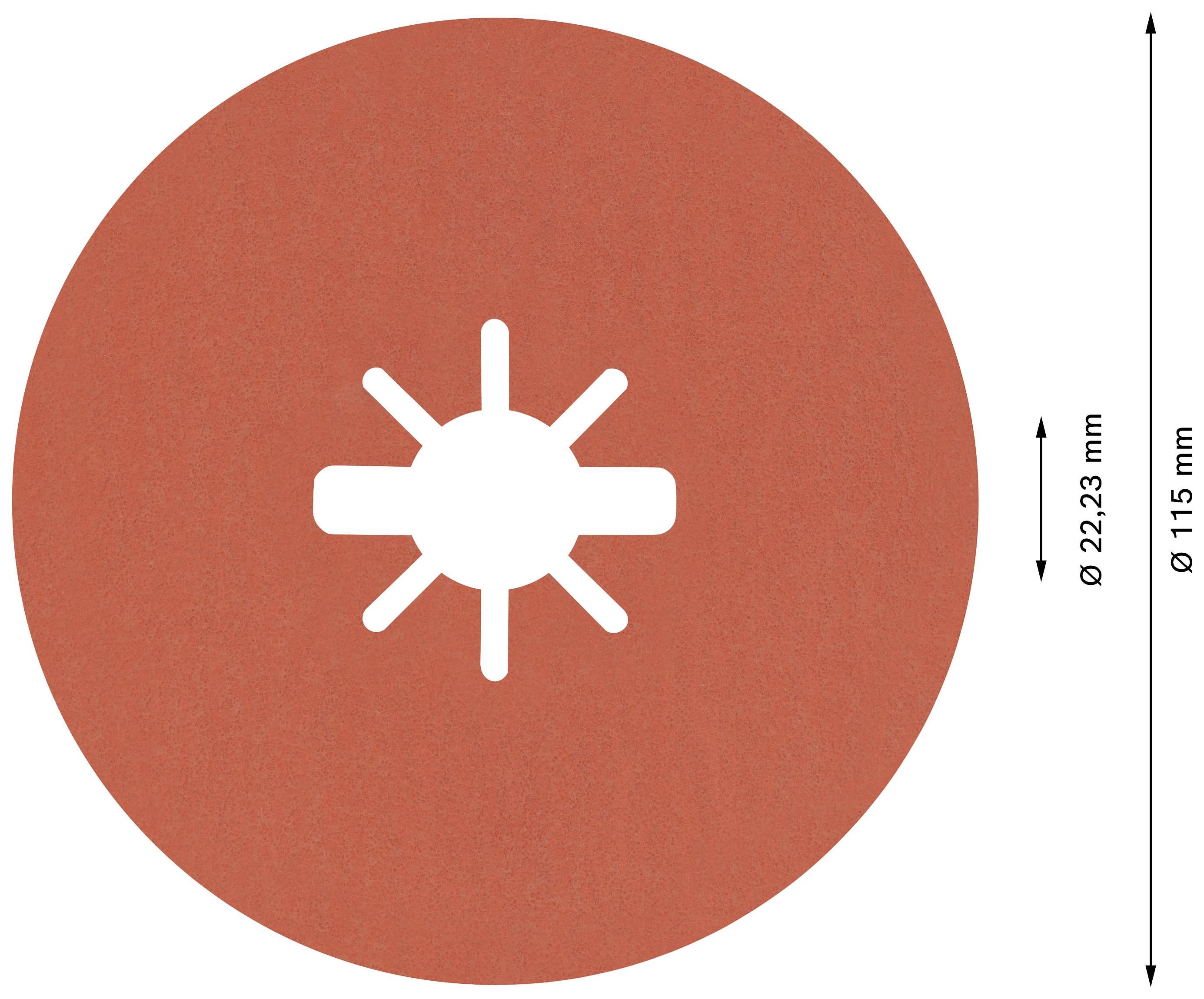 Een roodbruine slijpschijf met een centraal wit symbool dat doet denken aan een ster. De diameter van de cirkel is 115 mm.
