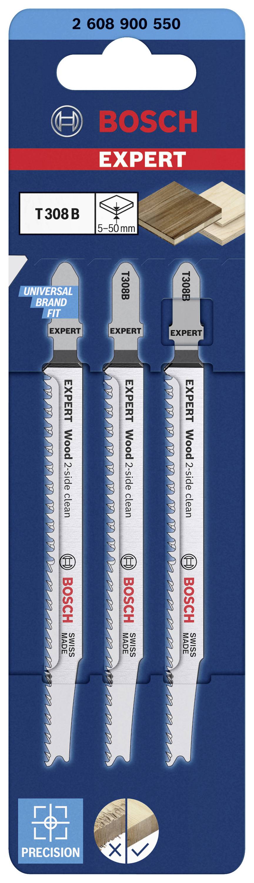 Package of Bosch Expert wood saw blades, 3 pieces, Type T308B, for woodworking. Contains symbols for precision and application instructions.