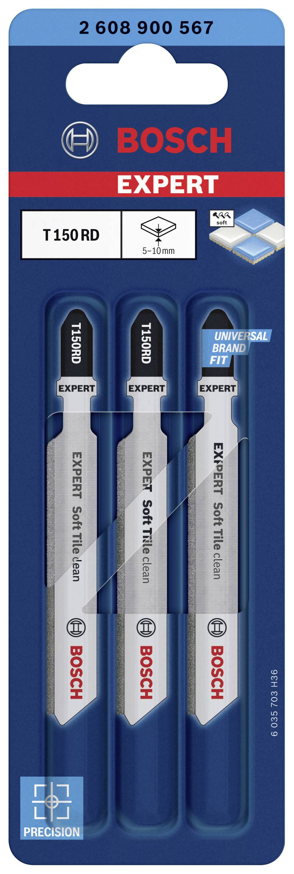 'Drie Bosch Expert decoupeerzaagbladen T150 RD in blauwe blisterproductkaart. Geschikt voor zachte materialen van 5-30 mm.'