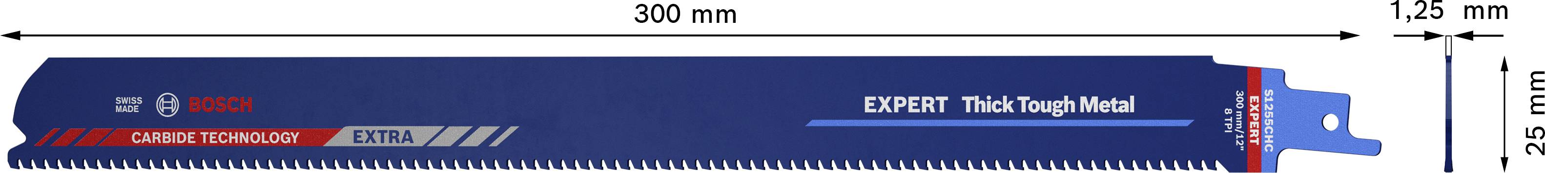 Zaagblad van Bosch, lengte 300 mm, dikte 1,25 mm, geschikt voor dik metaal.