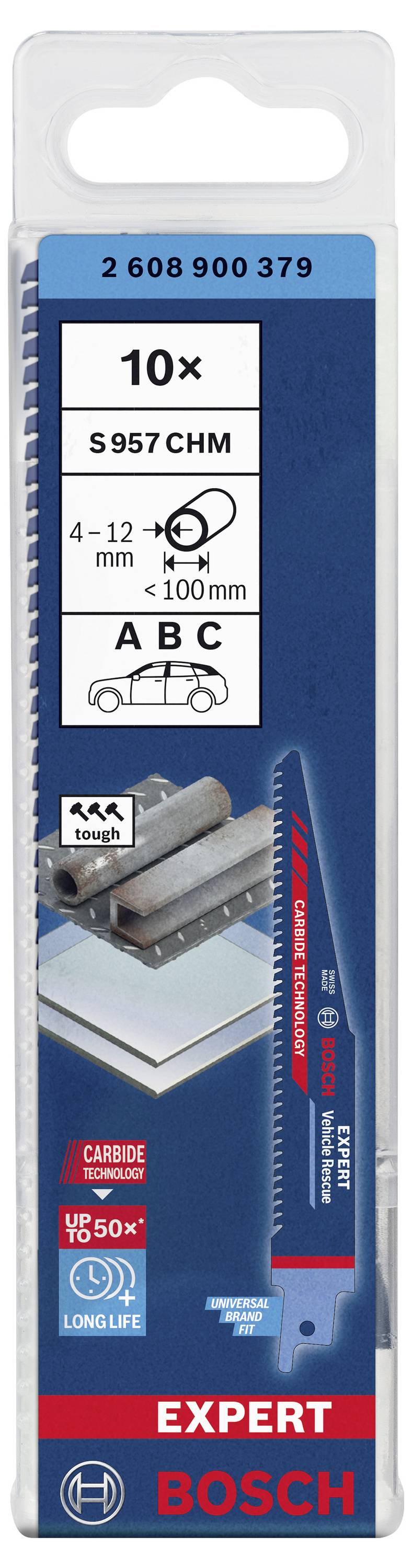 Verpakking voor Bosch 'Expert' zaagblad met 'Carbide Technology', geschikt voor 4-12 mm materialen en metaalzaagwerkzaamheden.