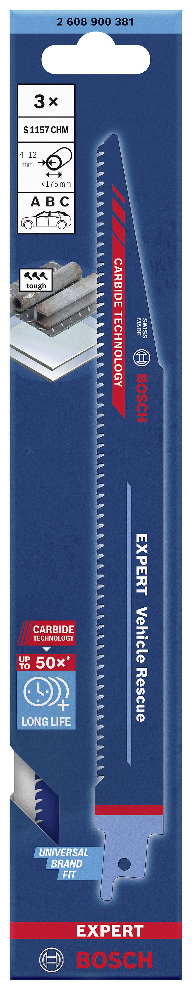 Packaging of a Bosch Expert reciprocating saw blade for 'Metal Max'. Text: 3x longer lifespan, Carbide Technology. 50x longer lifespan.
