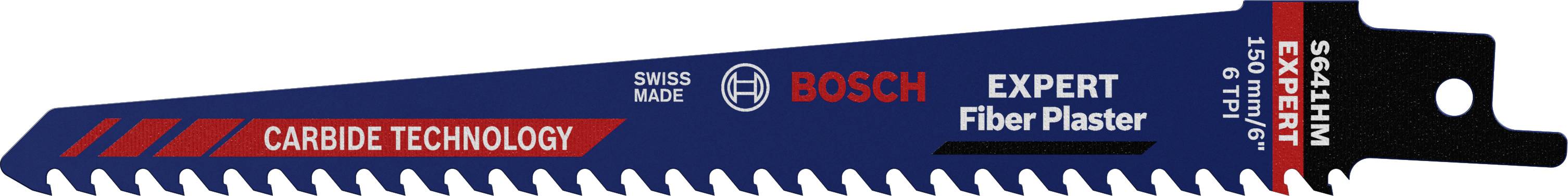 Een Bosch zaagbladmes met de opdruk 'Carbide Technology' en 'Expert Fiber Plaster', geschikt voor vezelpleisterwerk.