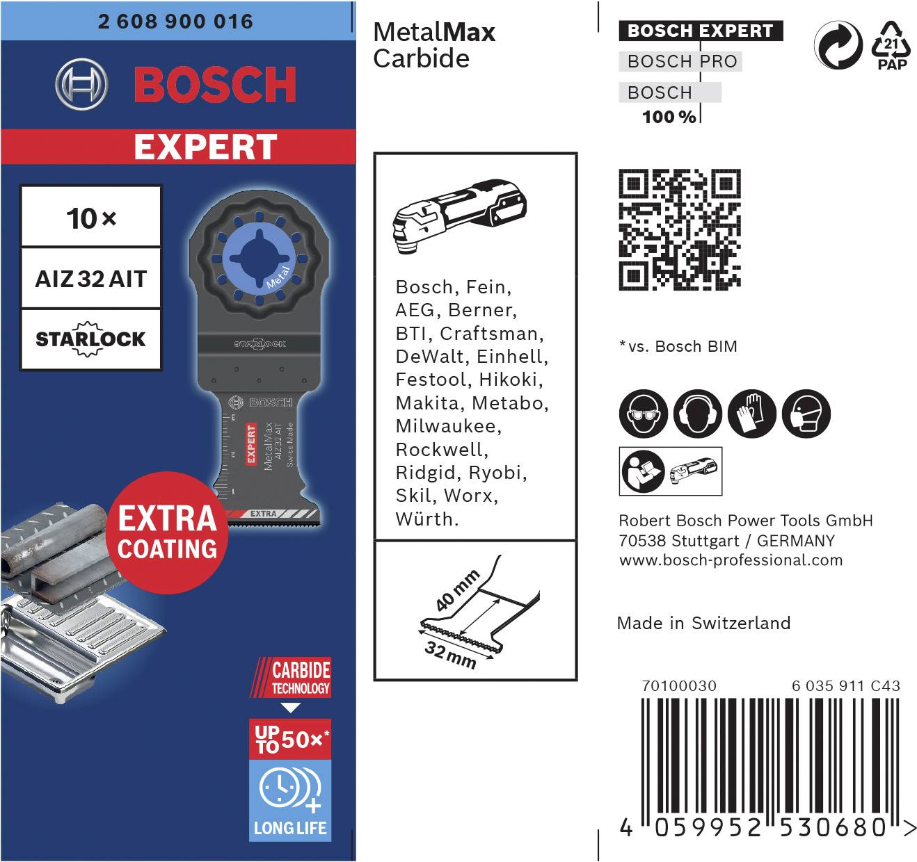 'Bosch Expert'-verpakking. Bevat 10 Starlock zaagbladen. Extra coating voor een lange levensduur. Vervaardigd in Zwitserland.