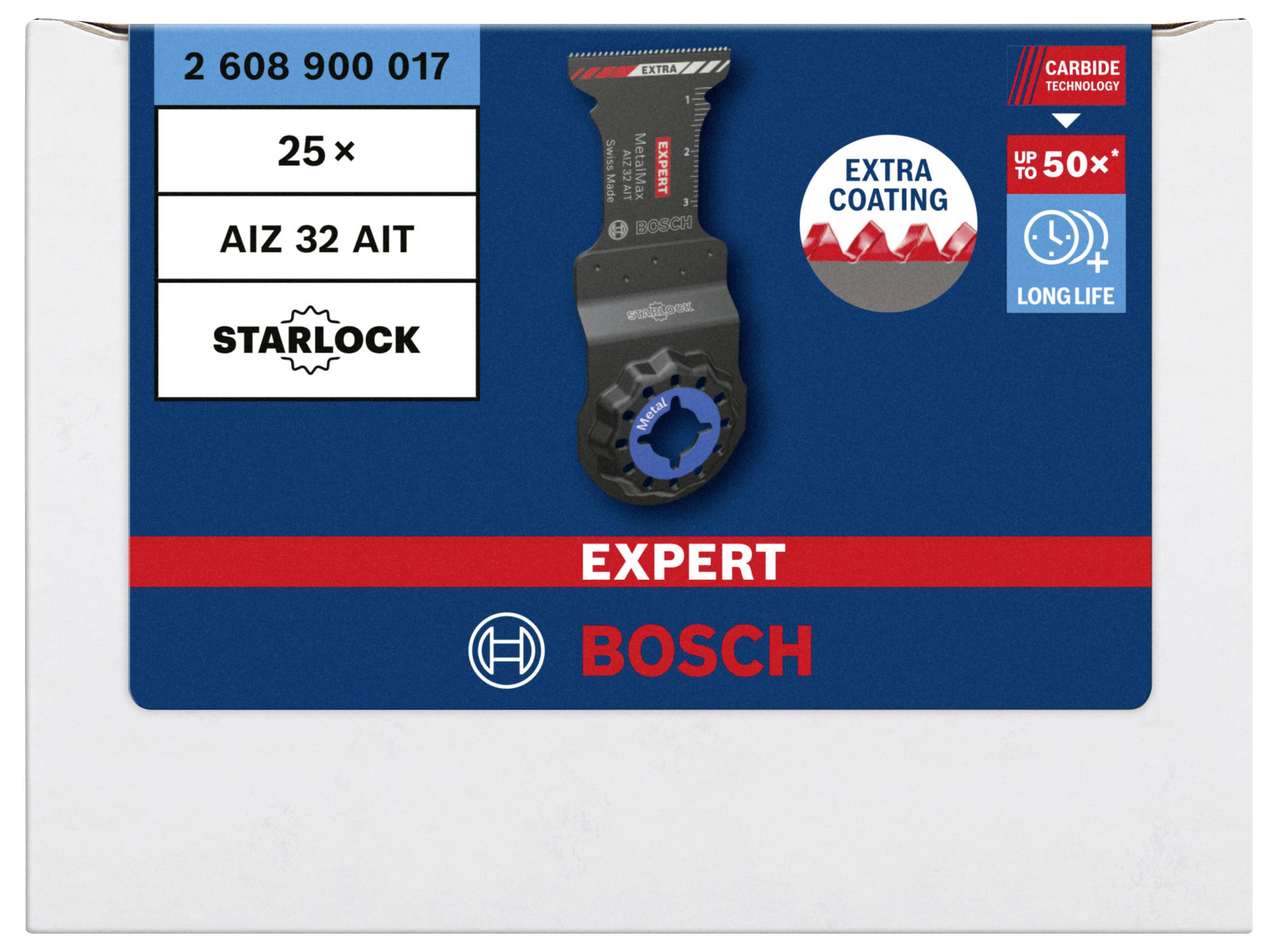 'Bosch Expert Starlock zaagbladverpakking', toont artikelnummer, '25x AIZ 32 AIT', met 'Extra Coating', duurzaam, Carbide Technologie.