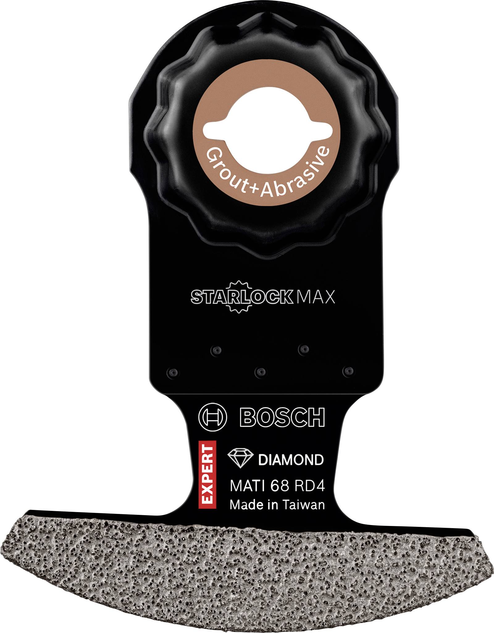 Een zwart zaagblad met diamantgecoate snijrand, geschikt voor Starlock Max, met de opdruk 'Grout + Abrasive'.