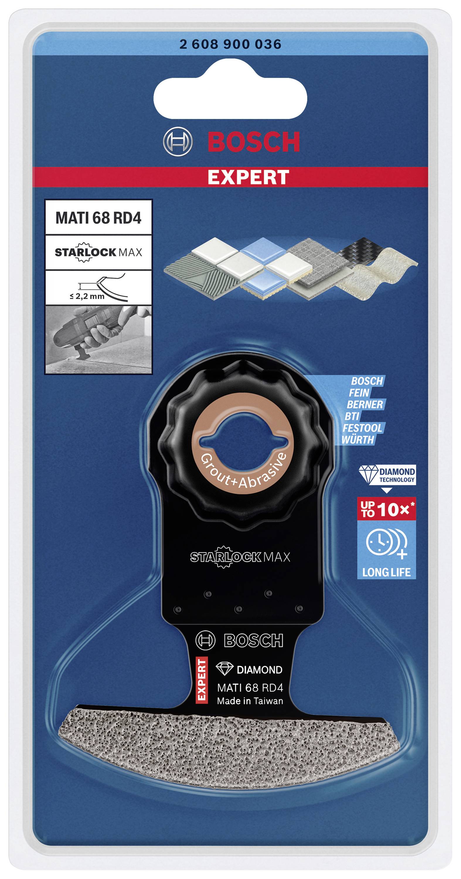 'Bosch Expert' Multitool-mes, model 'MATI 68 RD4', voor voegverwijdering, duurzaam, geschikt voor tegel- en steenbewerking.
