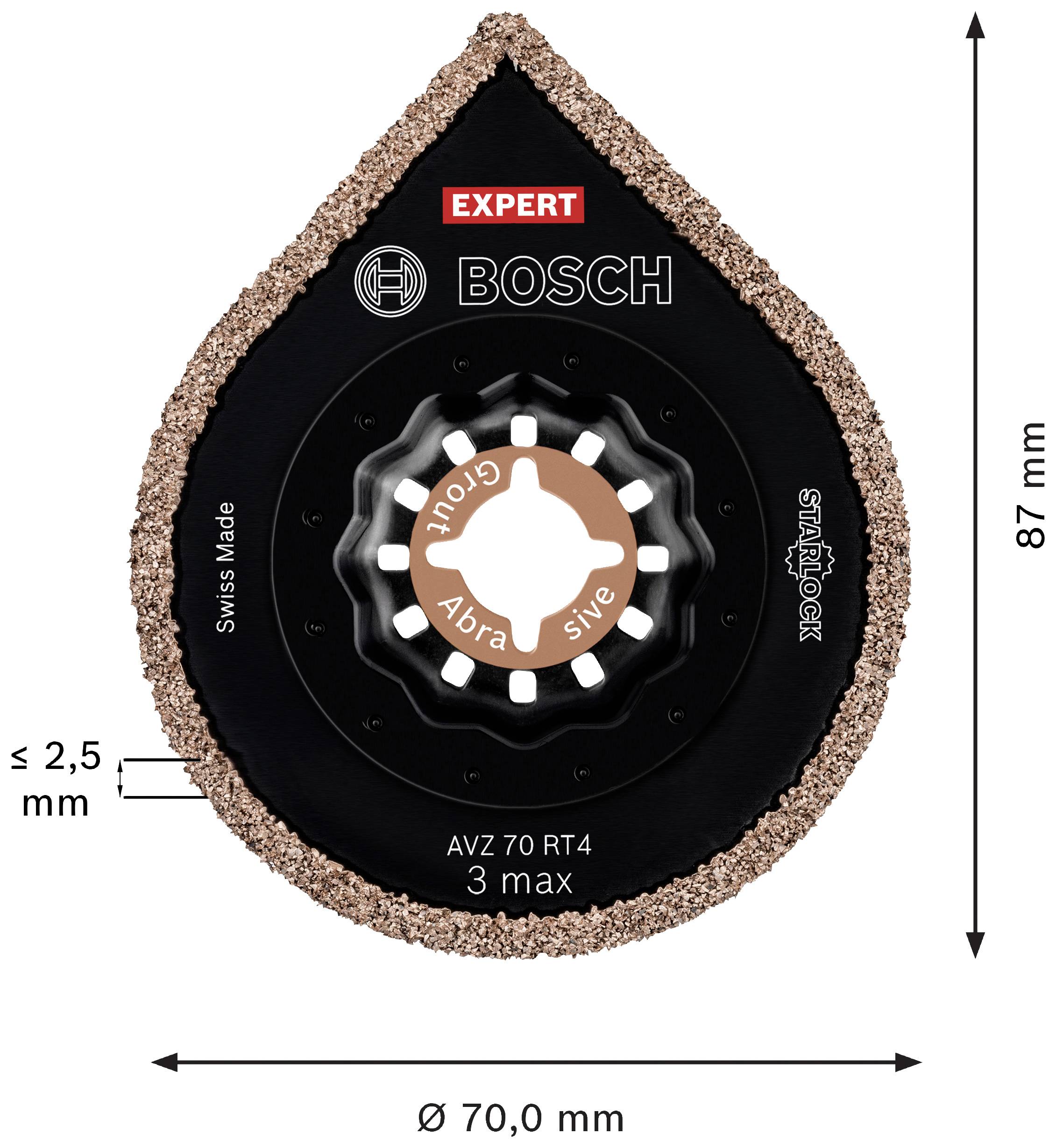 Multifunctioneel gereedschapsblad, Bosch Expert AVZ 70 RT4, 87 x 70 mm, ≤ 2,5 mm dikte, voor materialen tot Mohs-hardheidsgraad 3.