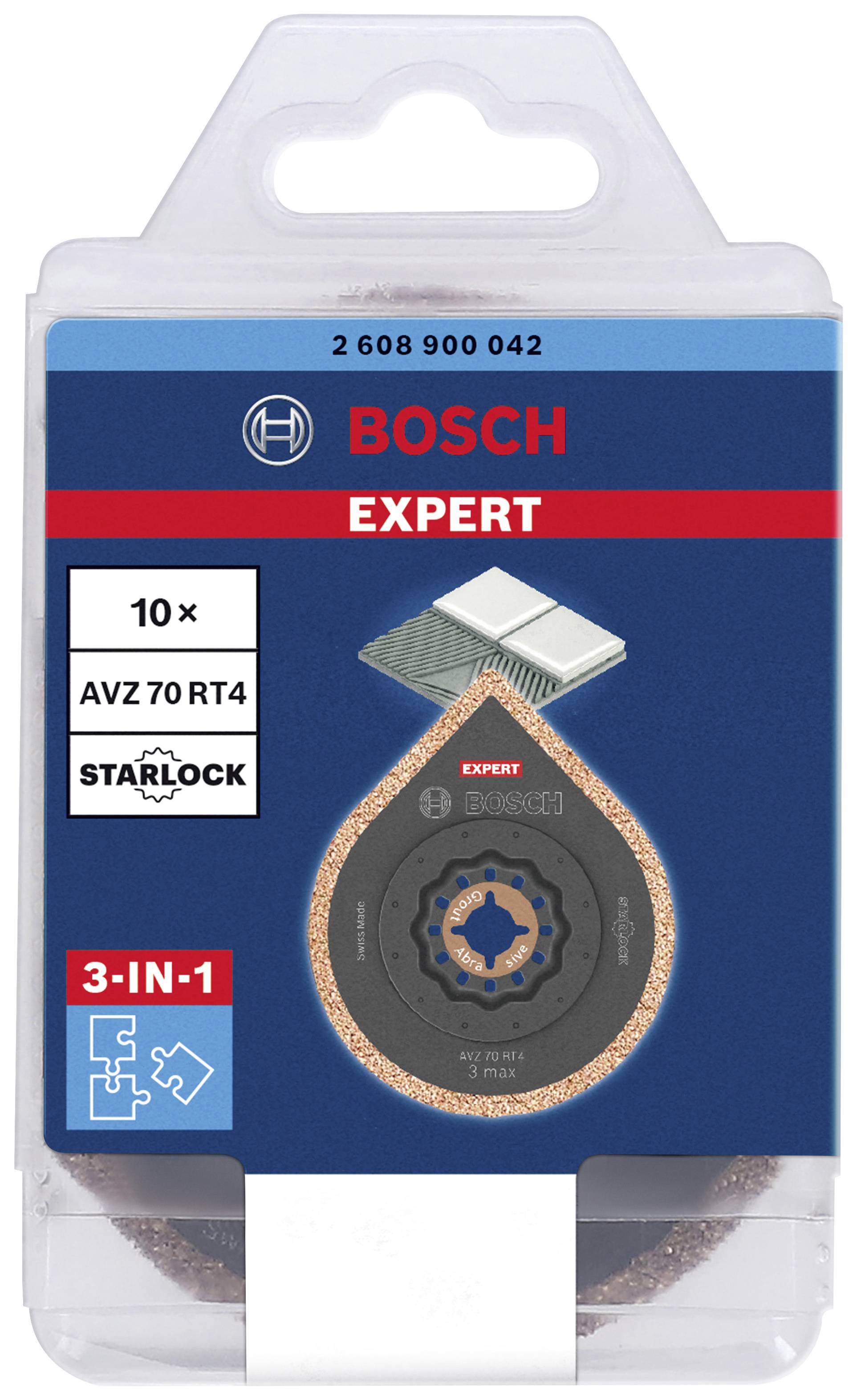 Verpakking van een Bosch Starlock-accessoire, model AVZ 70 RT4. Bevat 10 stuks, geschikt voor schuur- en snijwerkzaamheden.