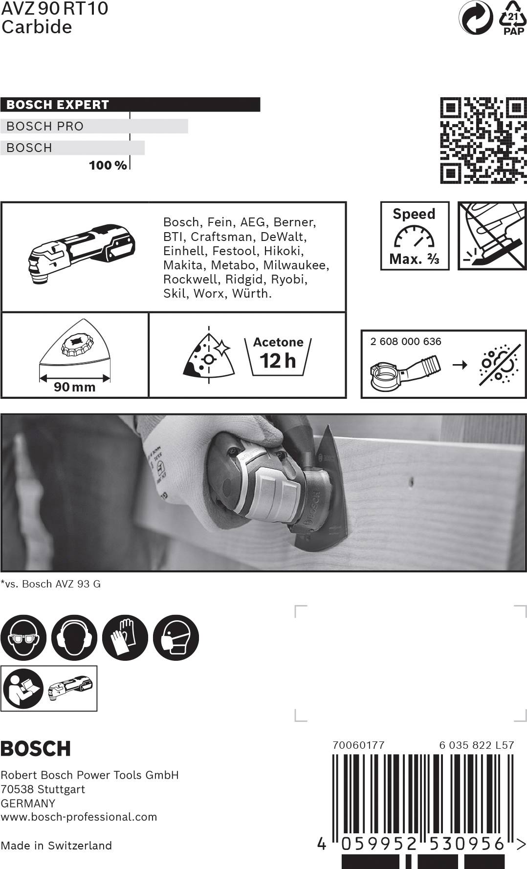 Bosch zaagblad, geschikt voor materialen zoals hout en metaal. Maximale snelheid 5.000 toeren per minuut, acetongbestendigheid van 12 uur.