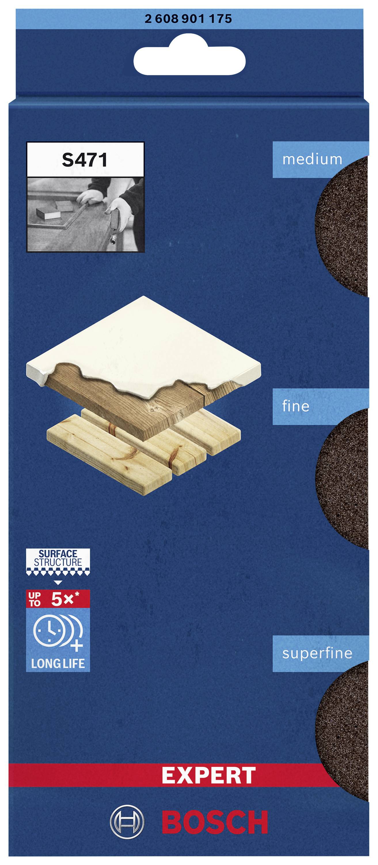 Schuurgereedschap verpakking met 'S471' model met medium, fijn en superfijn korrelgrootten. Geschikt voor hout- en verfwerkzaamheden. Bosch merk.