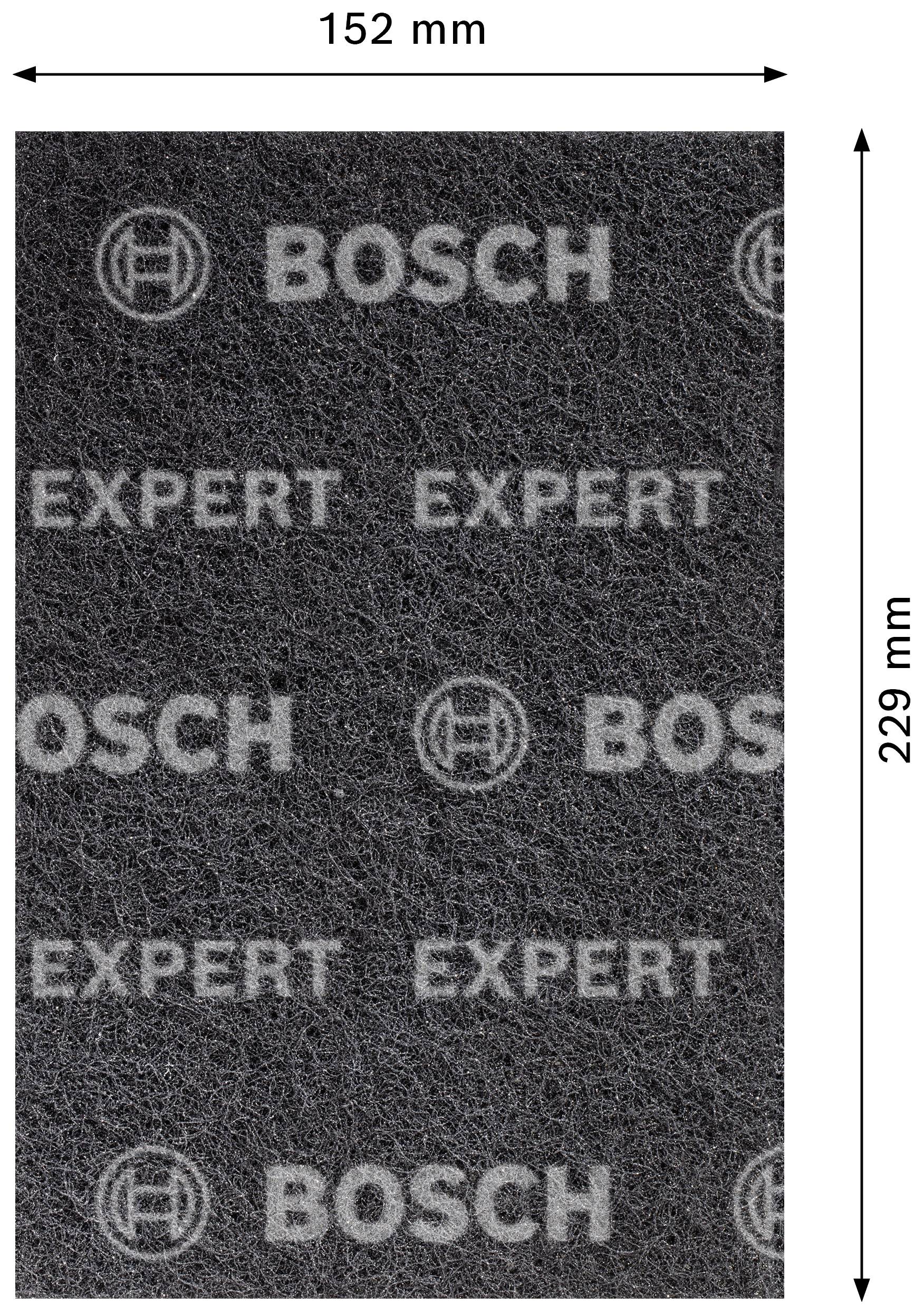 Op de afbeelding staat een Bosch Expert schuurspons met de afmetingen 152 mm x 229 mm.