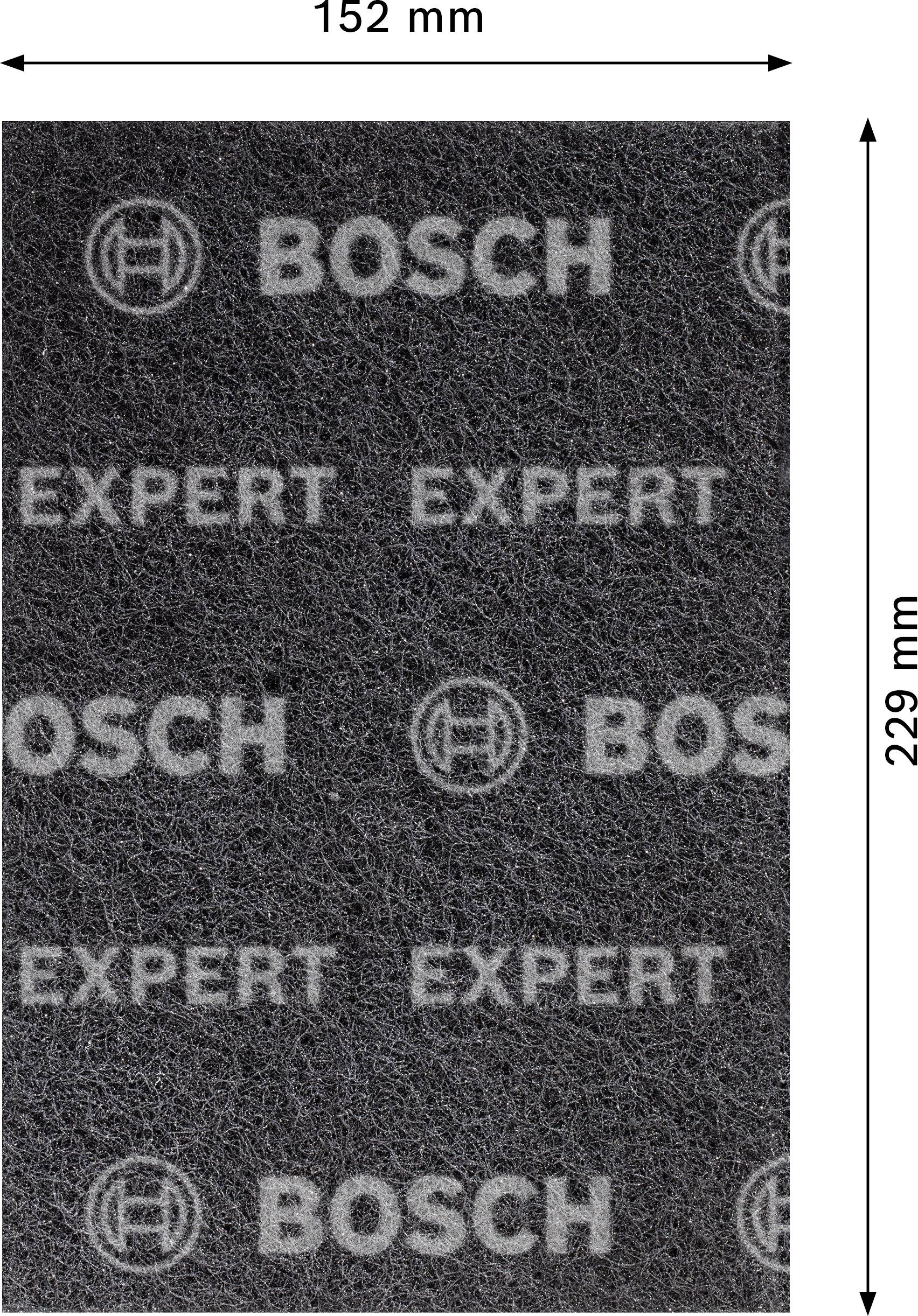 'Rechthoekig, grijs schuurpad met de witte woorden: BOSCH, EXPERT. Afmetingen: 152 mm x 229 mm.'