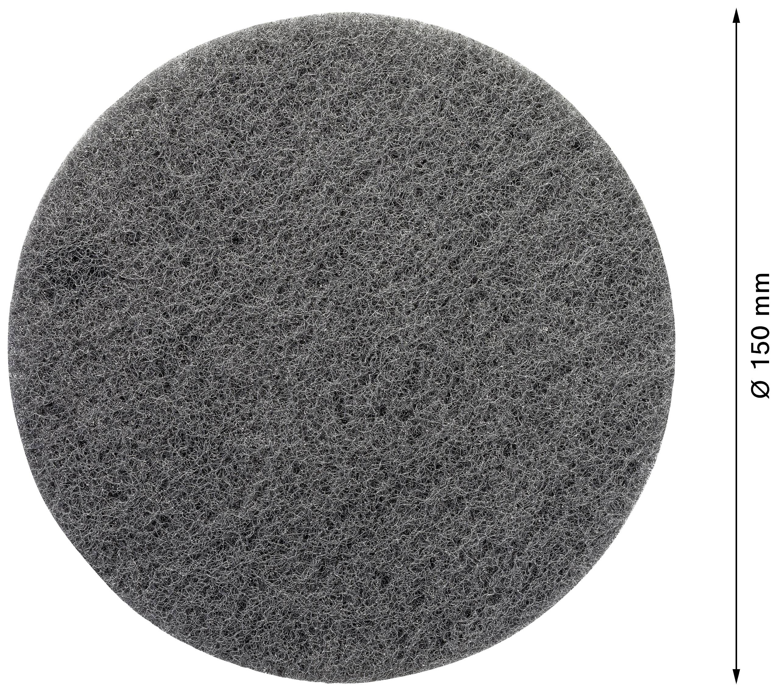 Grijze, ronde polijsspons met een diameter van 150 mm. Geschikt voor polijstmachines voor oppervlaktebewerking.