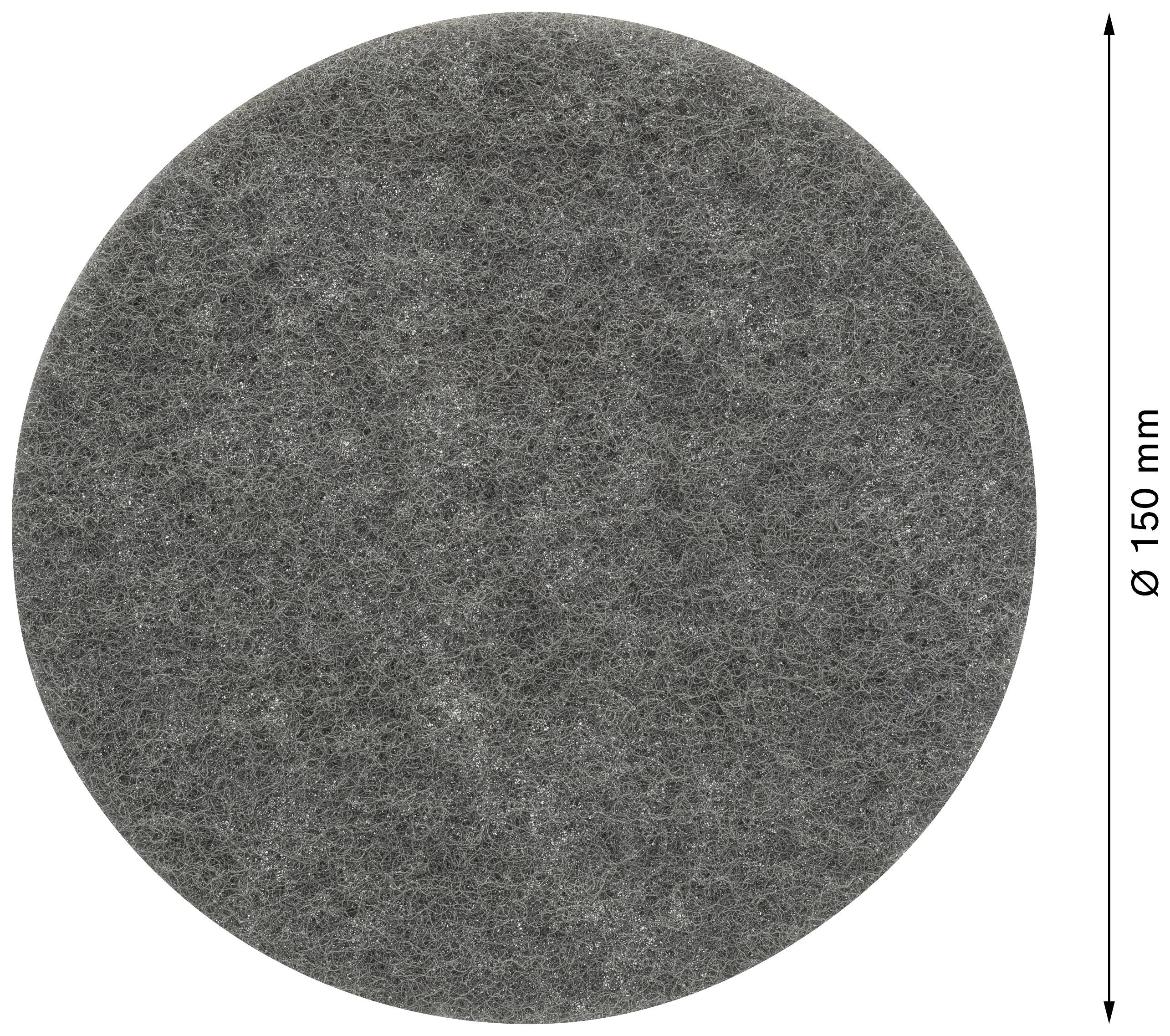 Grijze, ronde vilten cirkel met een diameter van 150 mm, die dienst doet als onderlegger of beschermende ondergrond.