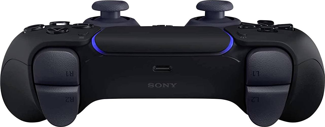 'PlayStation-controller van voren met blauwe LED-verlichting en meerdere knoppen; stuurstang zichtbaar.'