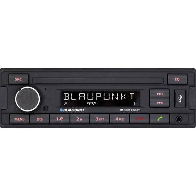 Autoradio met display 'BLAUPUNKT'. Bevat knoppen voor SRC, EQ, Menu, Telefoon. Model: Madrid 200 BT. USB-symbool zichtbaar.