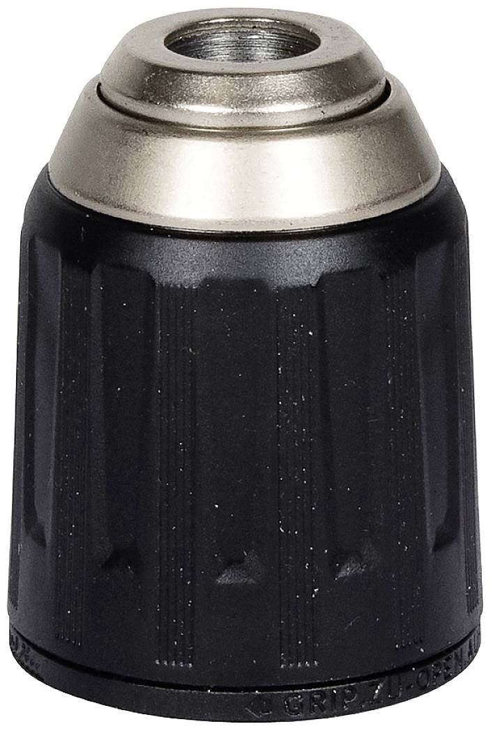 Zwart en zilver boorklemstuk, cilindrische vorm, geschikt voor handmatig aangedreven elektrische gereedschappen.