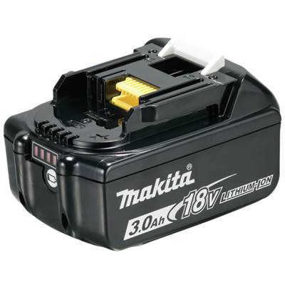 Een zwarte Makita 18V lithium-ion accu met een capaciteit van 3,0 Ah.