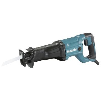 Een blauwe reciprozaag die op een wit oppervlak ligt. Gereedschapsmerk aan de zijkant zichtbaar. Geschikt voor het snijden van materialen.
