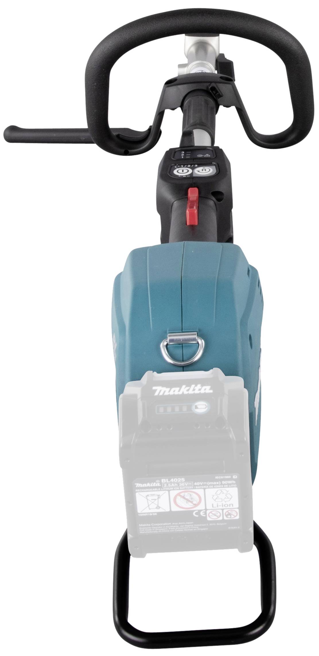 'Makita accuschroefboormachine-opzetstuk, zwart-blauw, met handgrepen en accuvak, op witte achtergrond.'