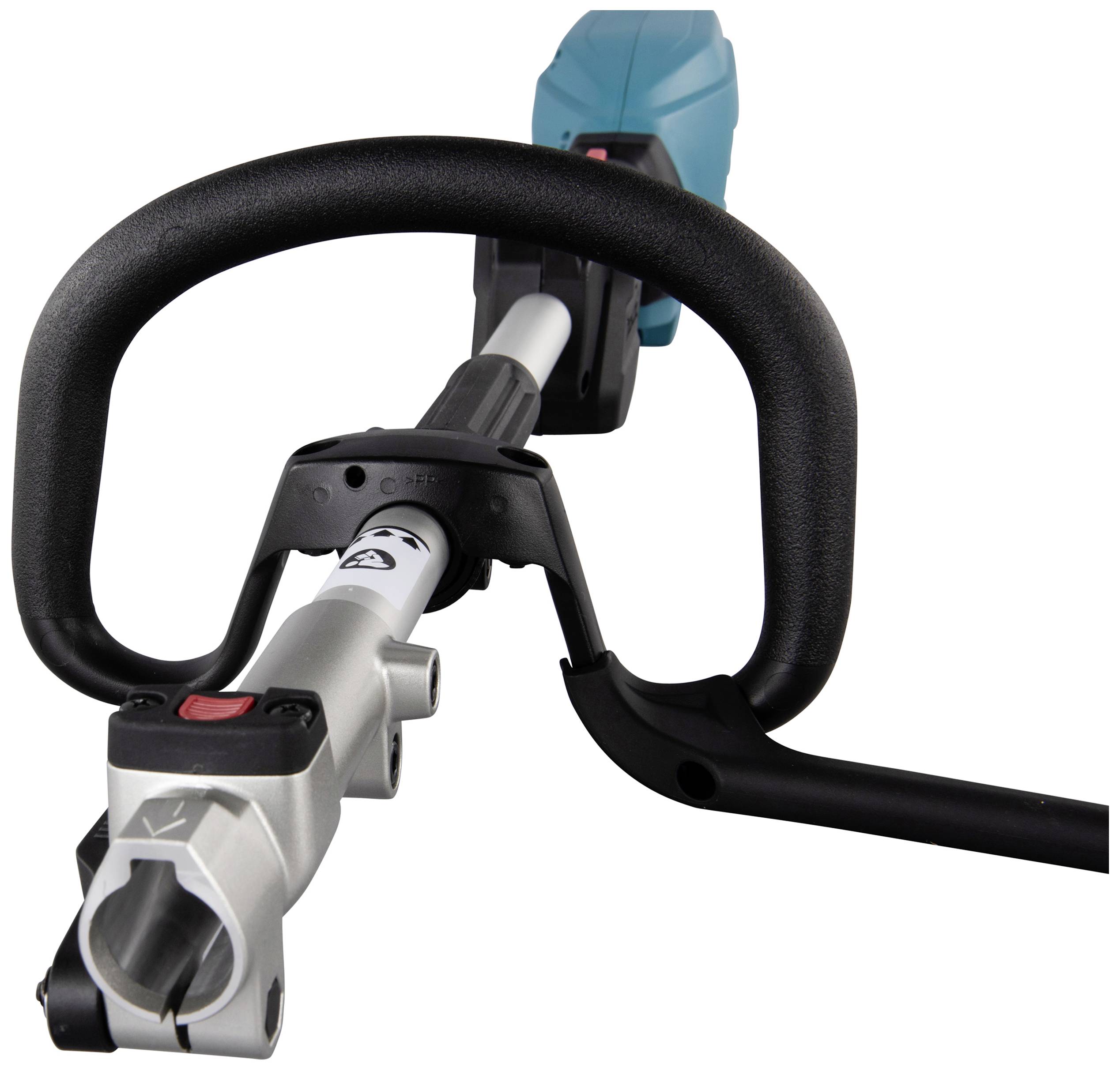 Tuingereedschap in close-up, toont het handvat en een deel van de steel van een elektrische heggenschaar.