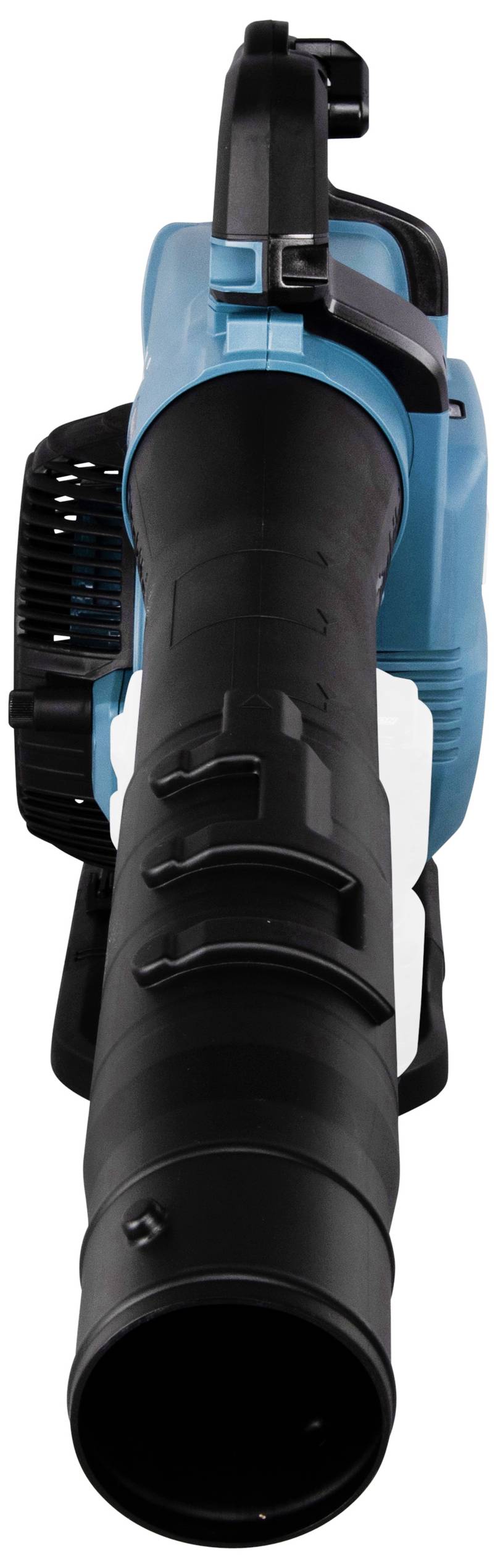 Een elektrische bladblazer met een blauwe behuizing en een zwarte uitblaasmond, geschikt voor gebruik buitenshuis.