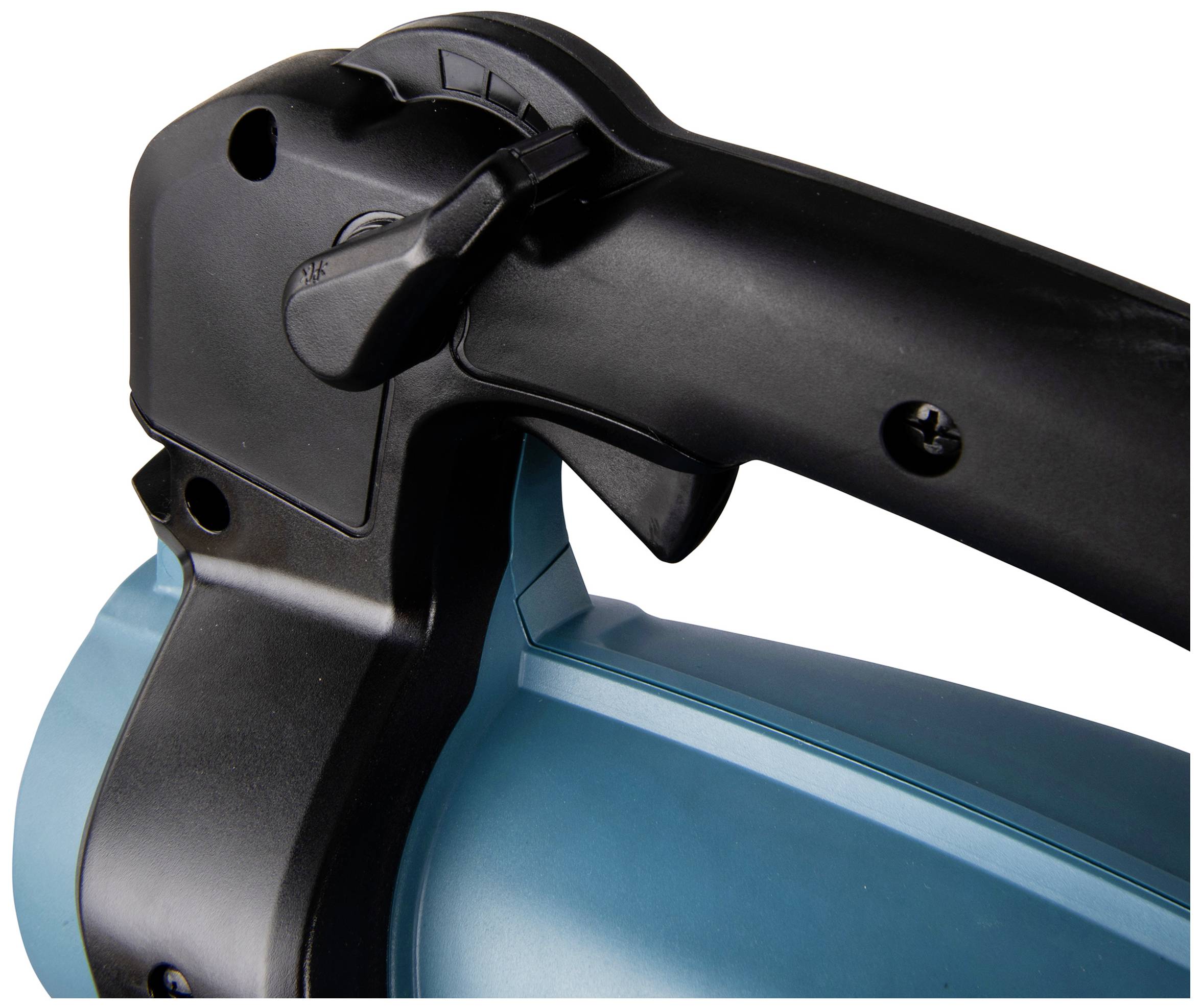 Close-up van een blauw elektrisch gereedschap met een zwarte handgreep en schakelaar, toont details van constructie en ergonomie.