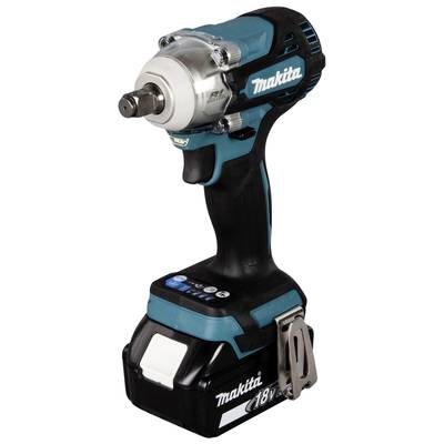Een accuslagschroevendraaier met een blauw-zwarte behuizing en een 18V-accu. Hij wordt geproduceerd door het merk Makita.