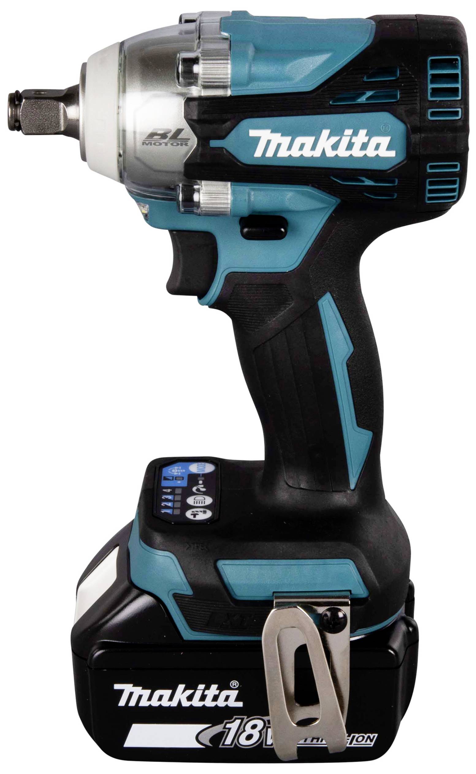 Accuslagschroevendraaier met zwart en blauw behuizing, zilveren kop en een 18V-accu.