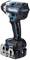 Accuschroefboormachine met een blauw-zwarte behuizing, metalen gordelsluiting en accupack.