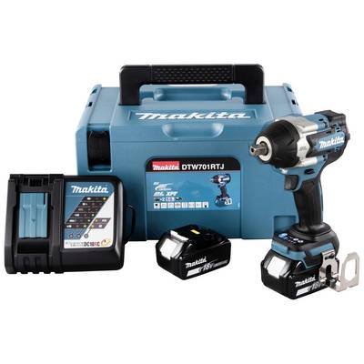 Gereedschapsset met accuslagschroevendraaier, oplader, accu en koffer van Makita. Hoofdkleur is blauw. Modelnummer: DTW701RTJ.