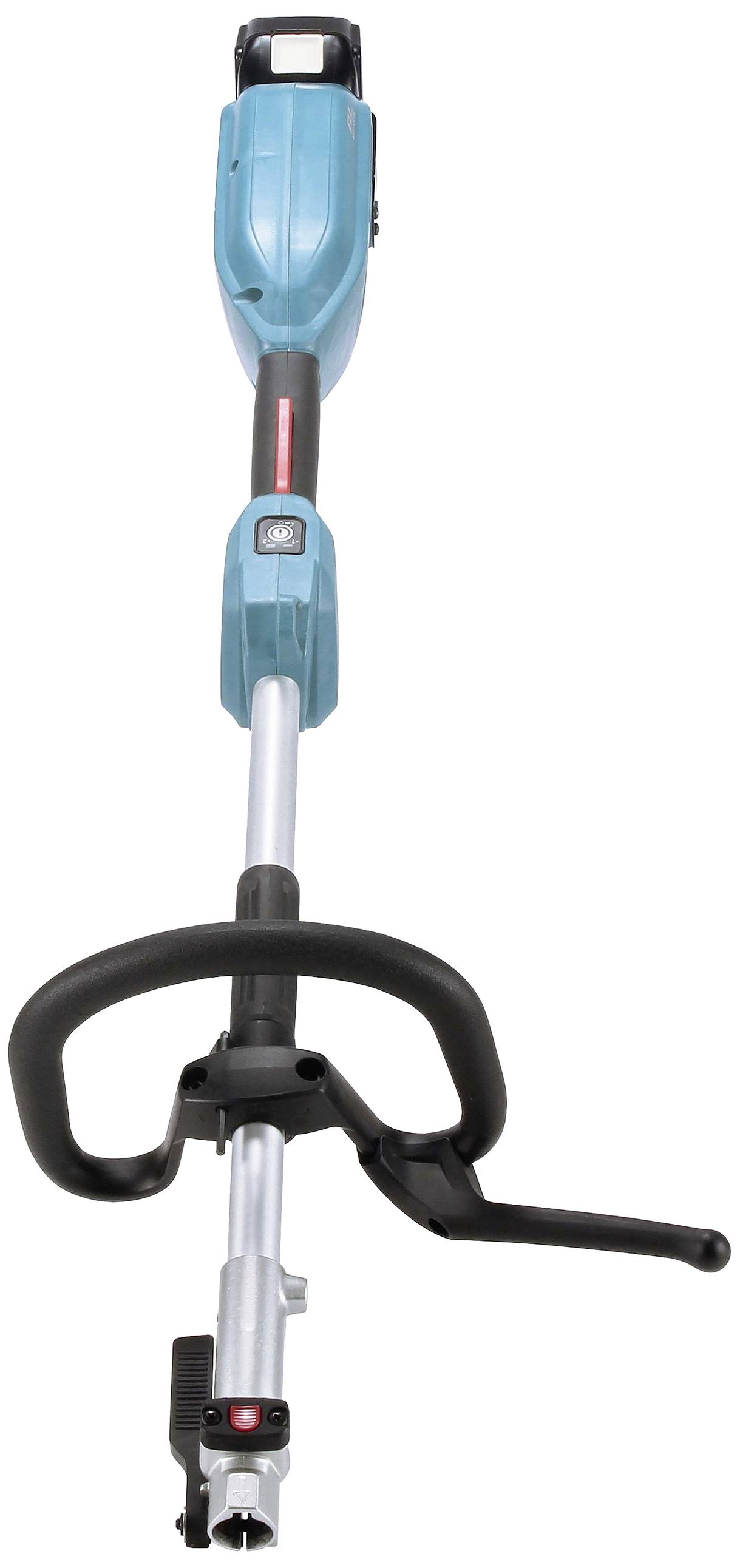 Een draadloze grastrimmer met ergonomische handgreep, blauwe behuizing en zilveren steel. Ideaal voor tuinonderhoud.