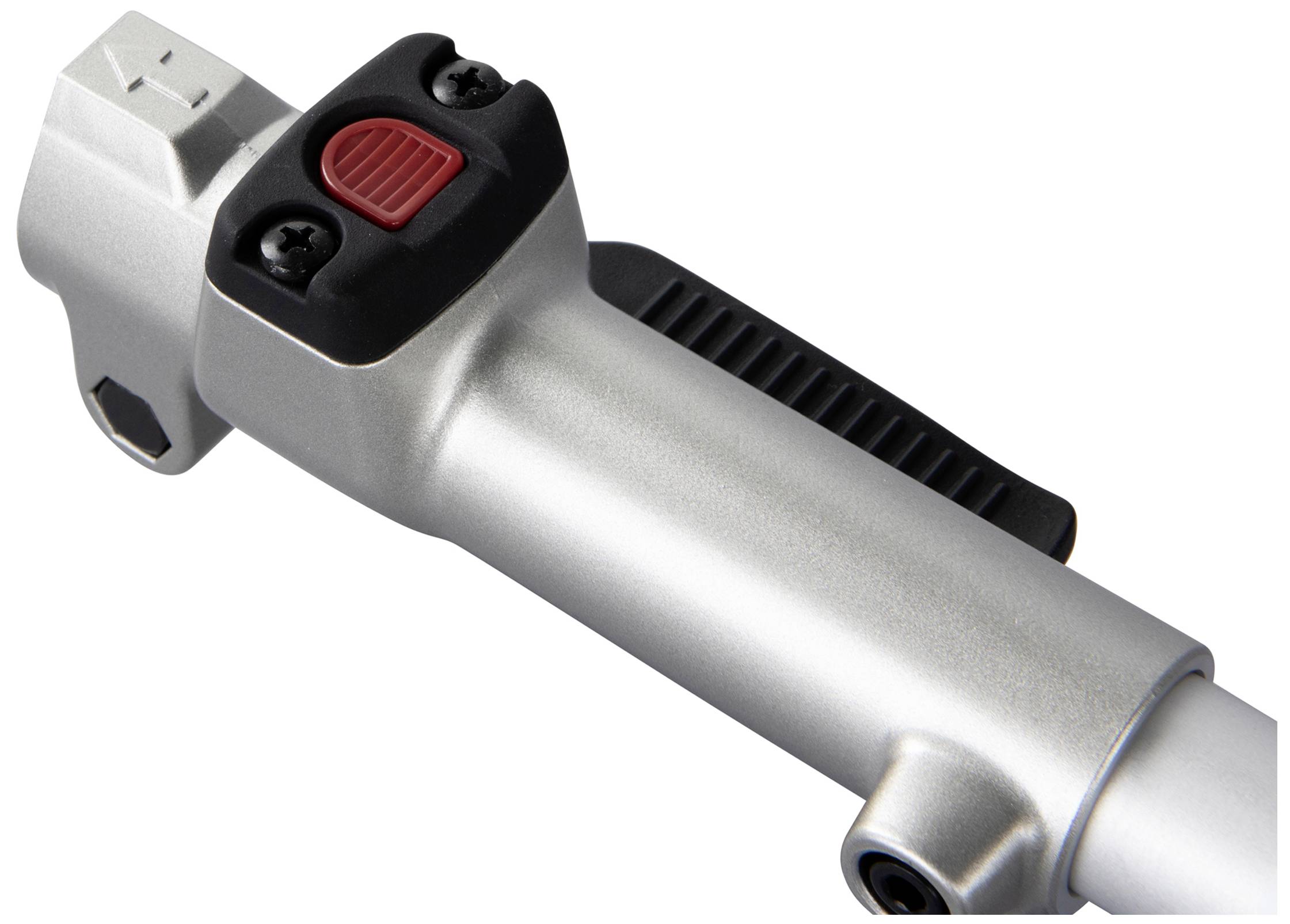 Zilveren hendel met zwarte en rode knop, gebruikt voor geautomatiseerde besturingen in technische toepassingen.