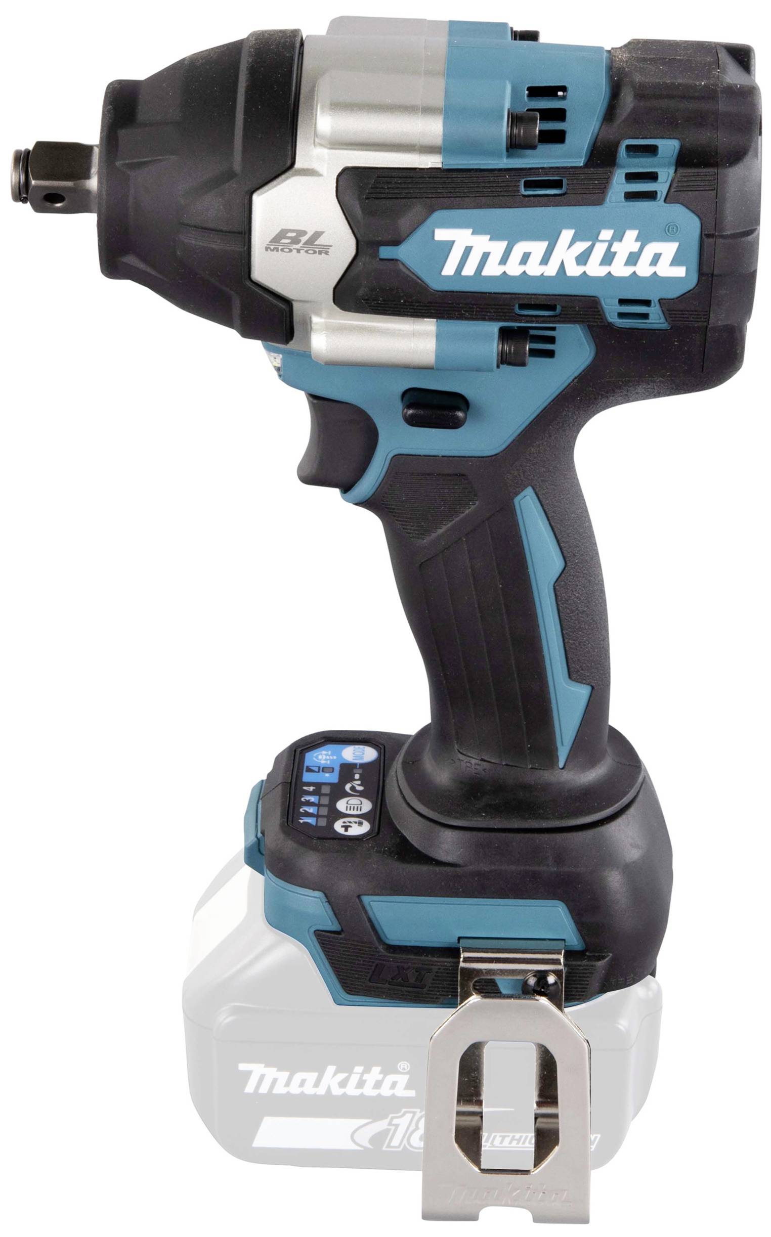 Accuslagschroevendraaier van Makita, blauw-zwart met zilveren accenten, compacte bouw, duidelijk zichtbaar merk, geschikt voor schroefwerkzaamheden.
