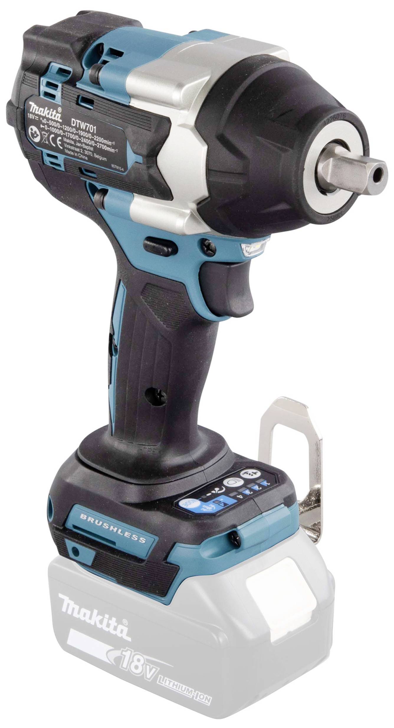 Slagschroevendraaier met blauw-zwarte behuizing, borstelloze motor, metalen haak aan de zijkant, compatibel met 18V lithium-ion accu.