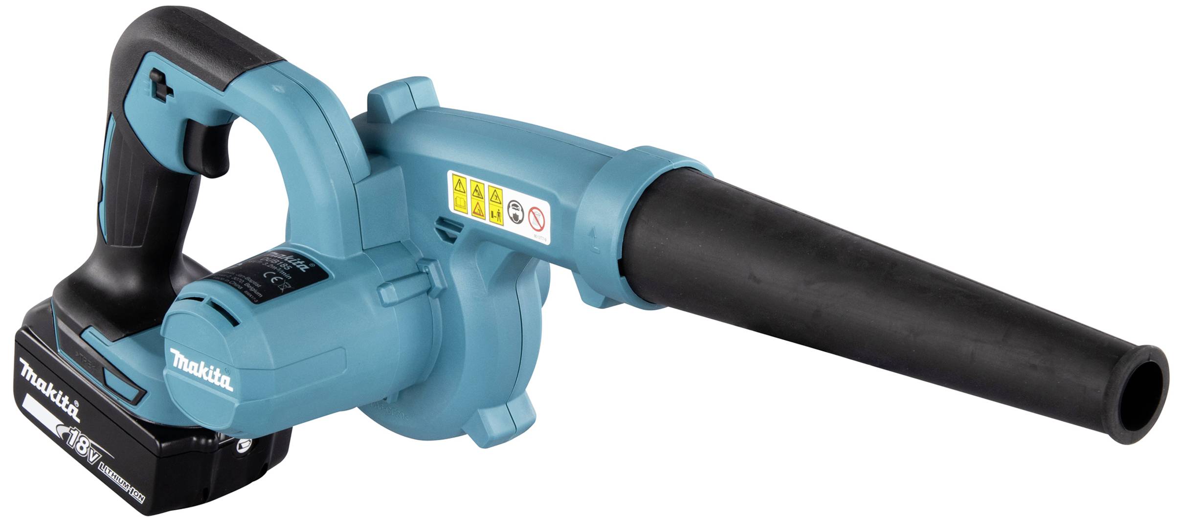Een blauw-zwarte accu-bladblazer met een lang, zwart blazerroer. Het merk 'Makita' is zichtbaar op de accu.