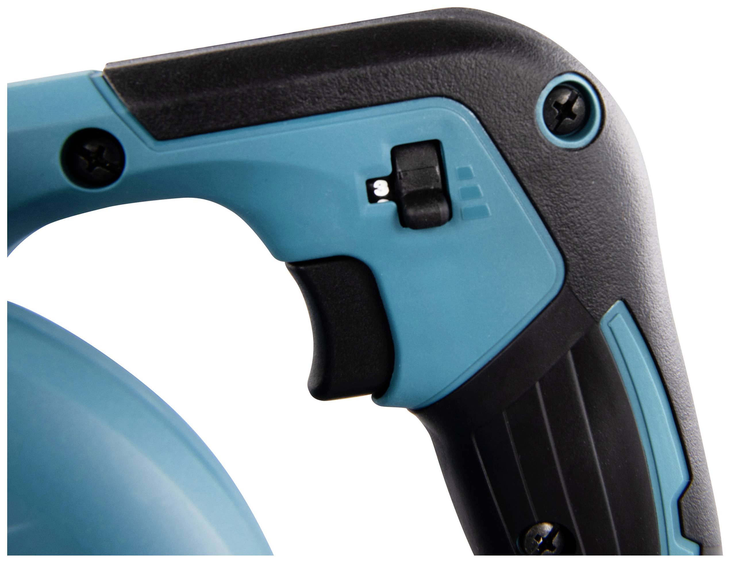 Een blauw-zwarte kunststof handgreep met een zwarte trekker en een schakelaar erboven, die waarschijnlijk een elektrisch gereedschapsmechanisme bestuurt.