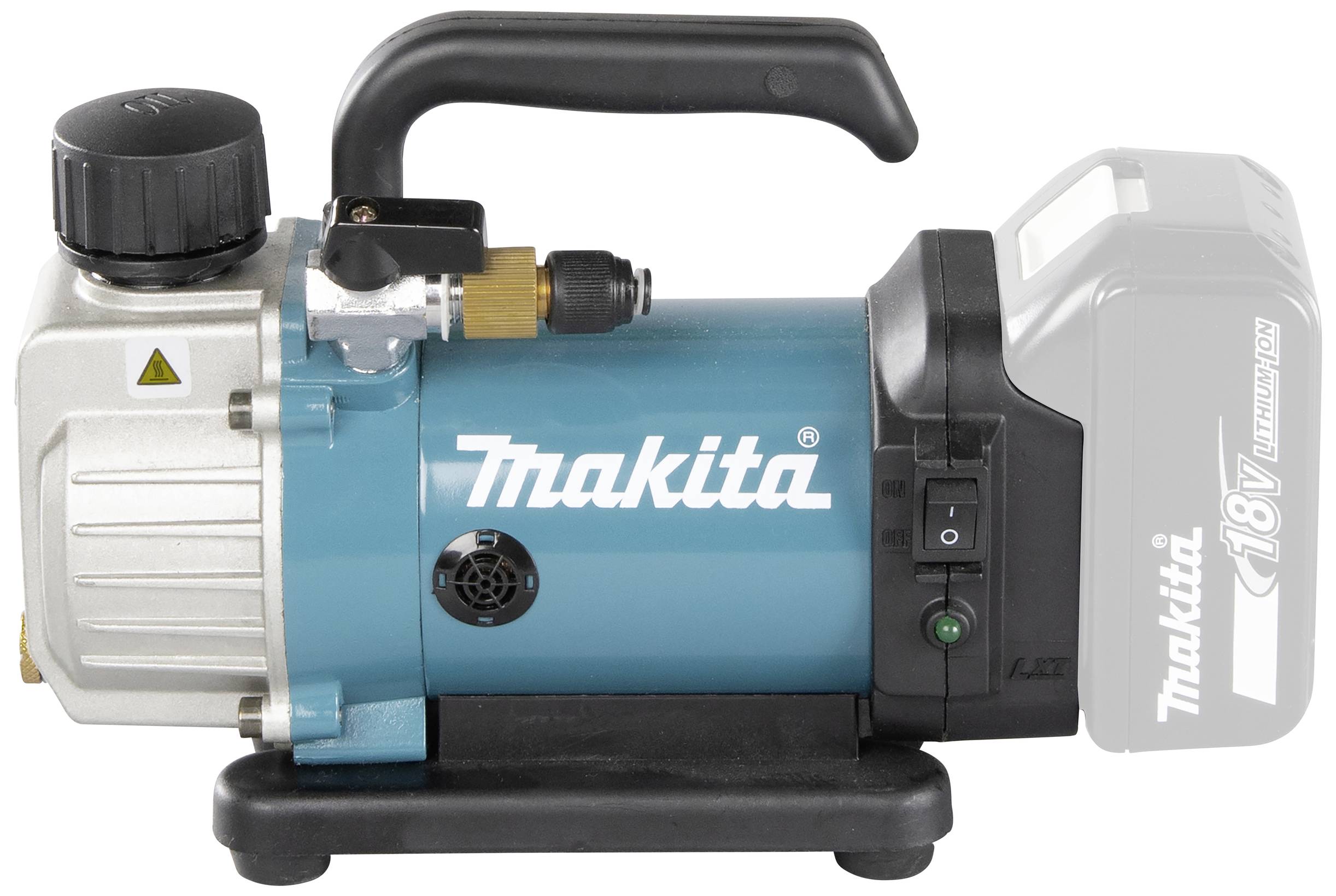 Draagbare compressor met een blaue behuizing, handgreep en zwarte schakelaar. Tekst op het apparaat: 'Makita 18V LITHIUM-ION'.
