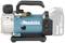 Draagbare compressor met een blaue behuizing, handgreep en zwarte schakelaar. Tekst op het apparaat: 'Makita 18V LITHIUM-ION'.