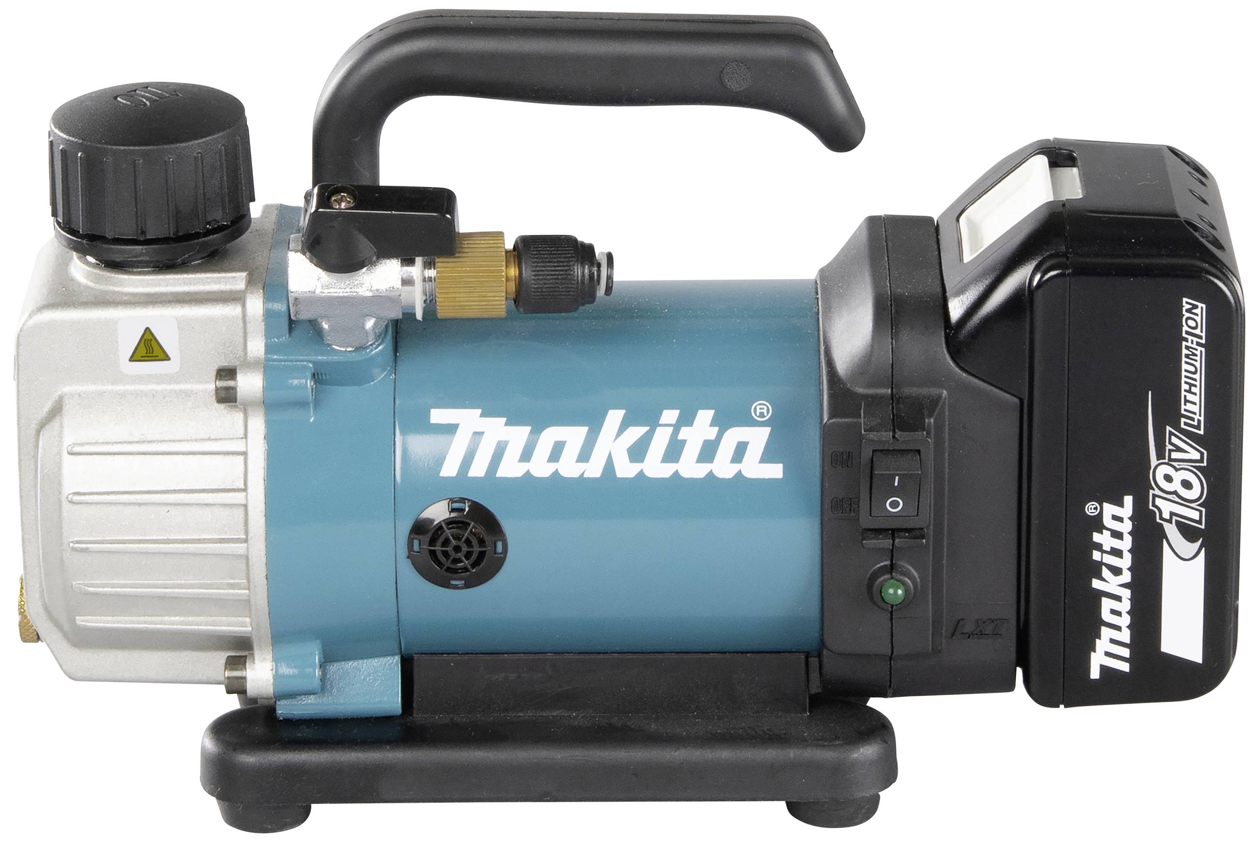 Accupomp in het blauw met een zwarte handgreep en lichte metalen accenten, gemerkt met 'Makita 18V', geschikt voor draagbare toepassingen.