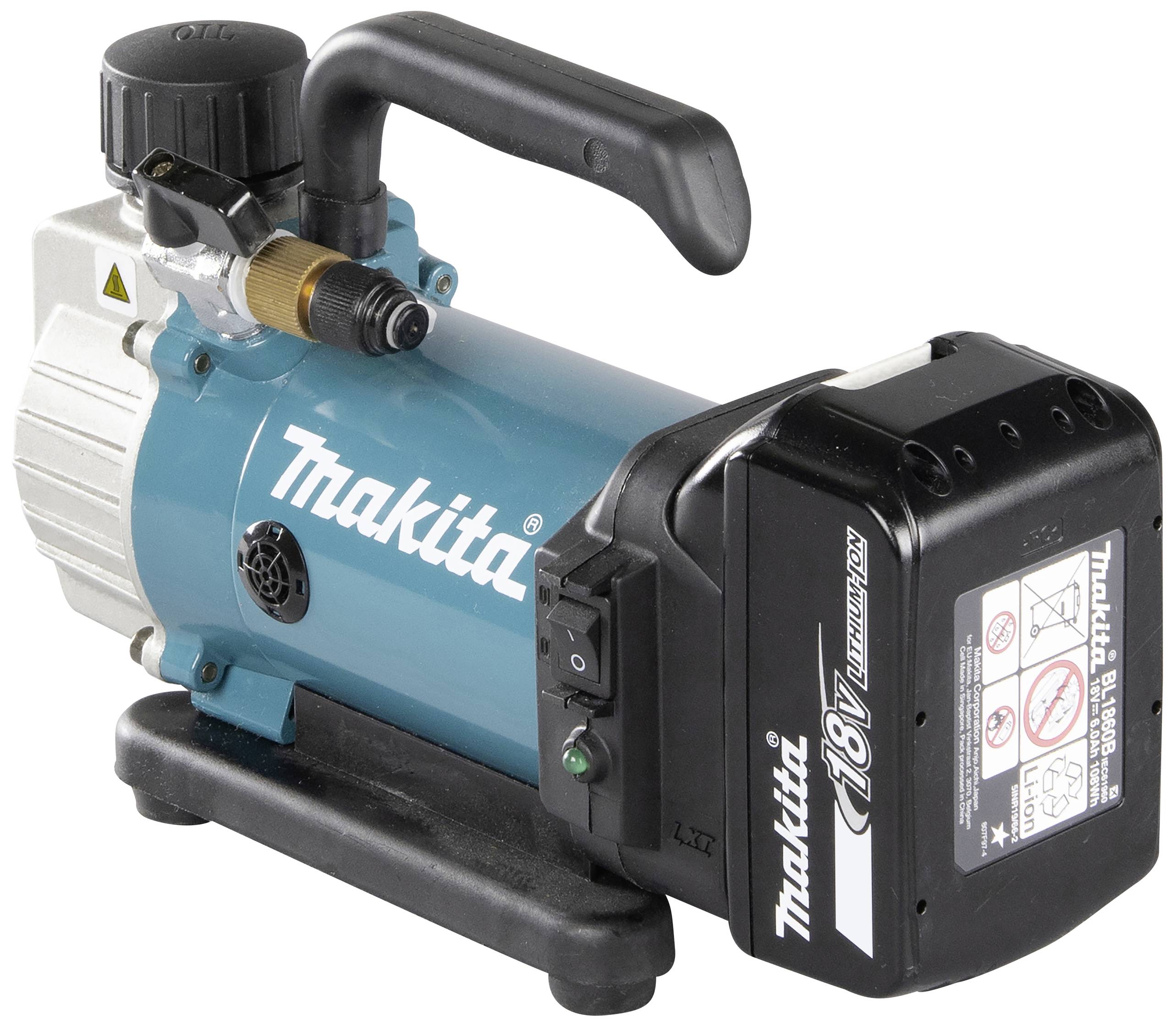 Een draagbare compressor van Makita met een 18V accu, voorzien van een handgreep voor gemakkelijk transport, geschikt voor lichte werkzaamheden.