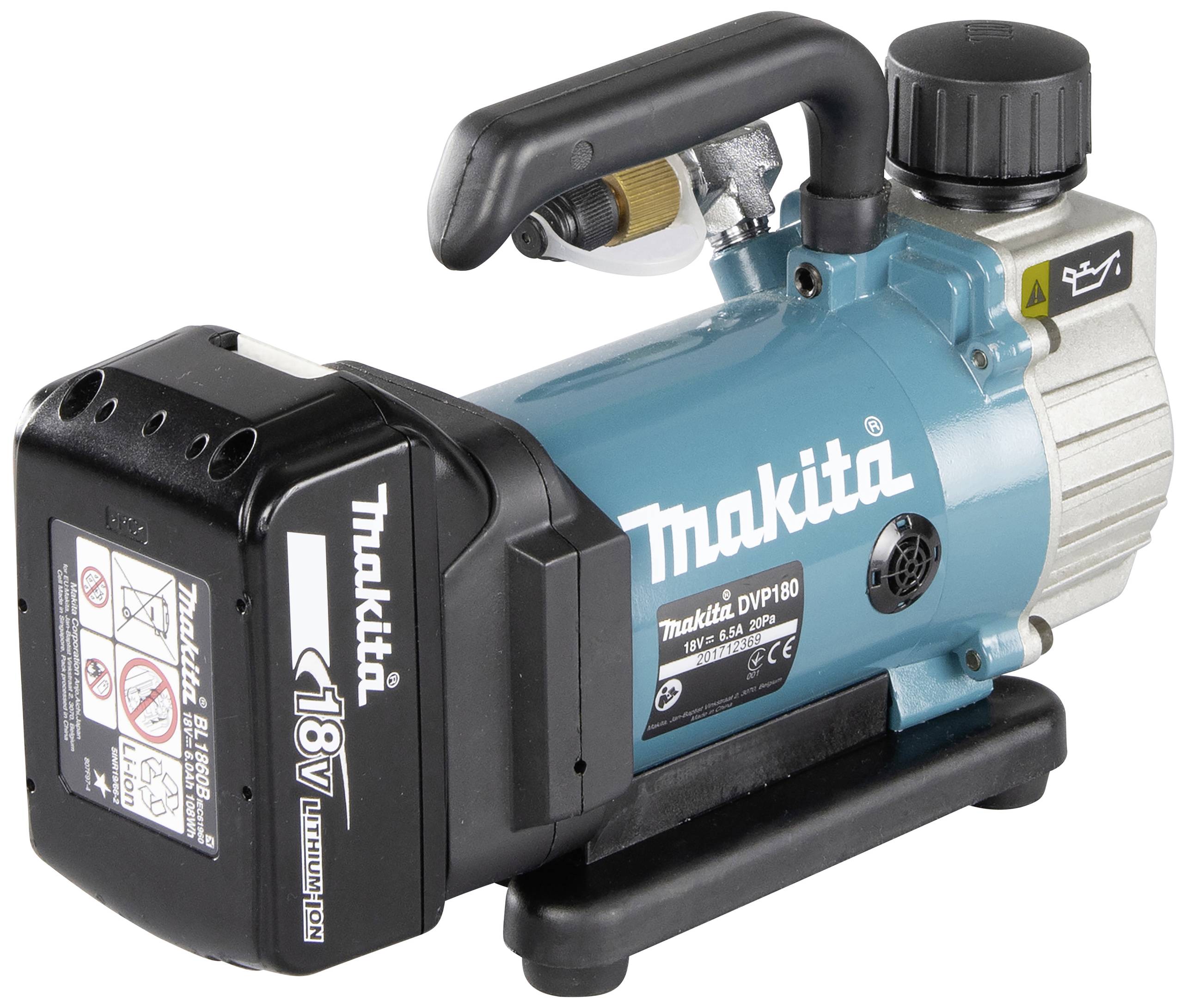 Draagbare vacuümpomp van het merk Makita, model DVP180, met 18V accuvoeding. Geschikt voor verschillende toepassingen in werkplaatsen.