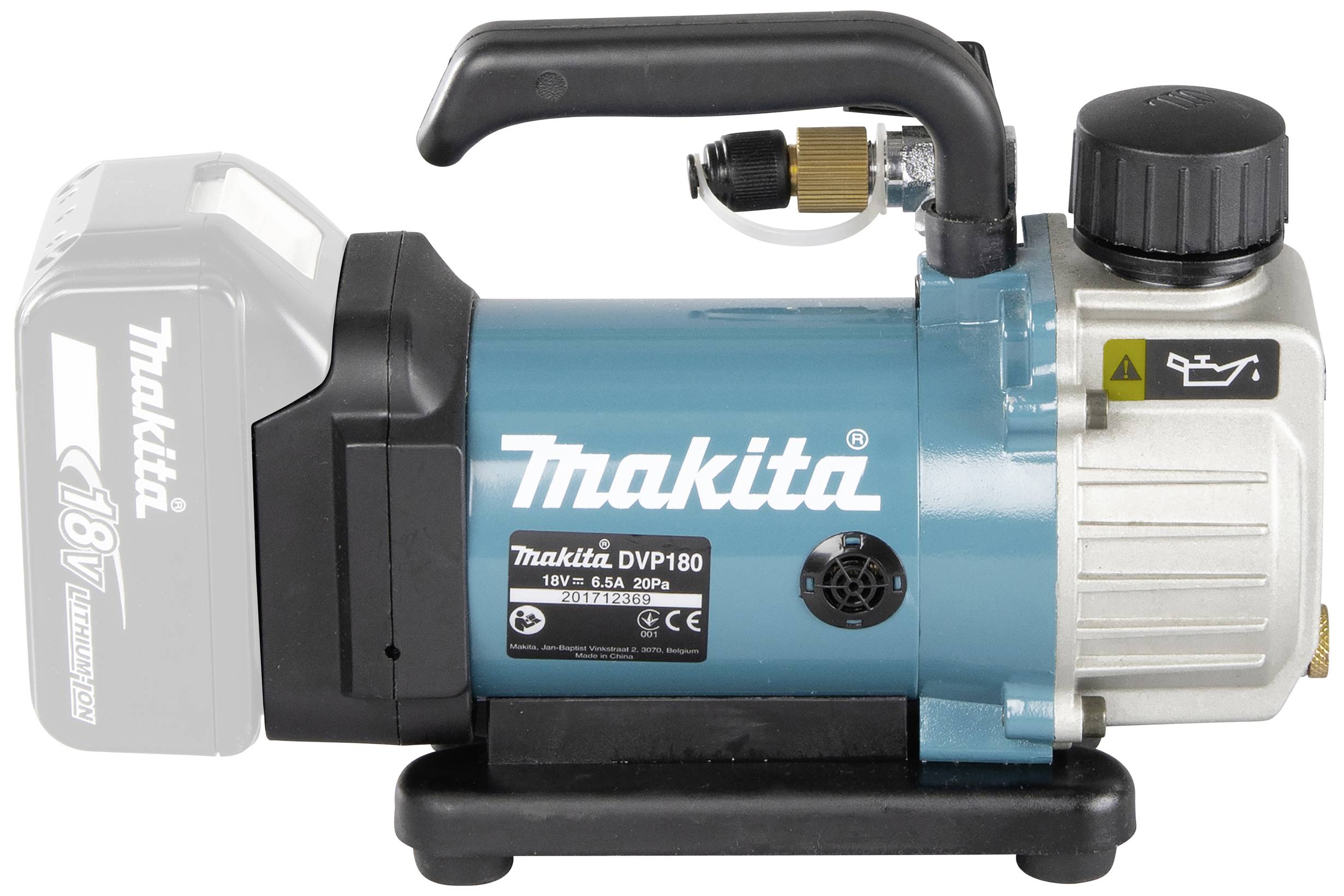 'Makita DVP180' vacuümpomp met accudisplay en blauwe behuizing op witte achtergrond.