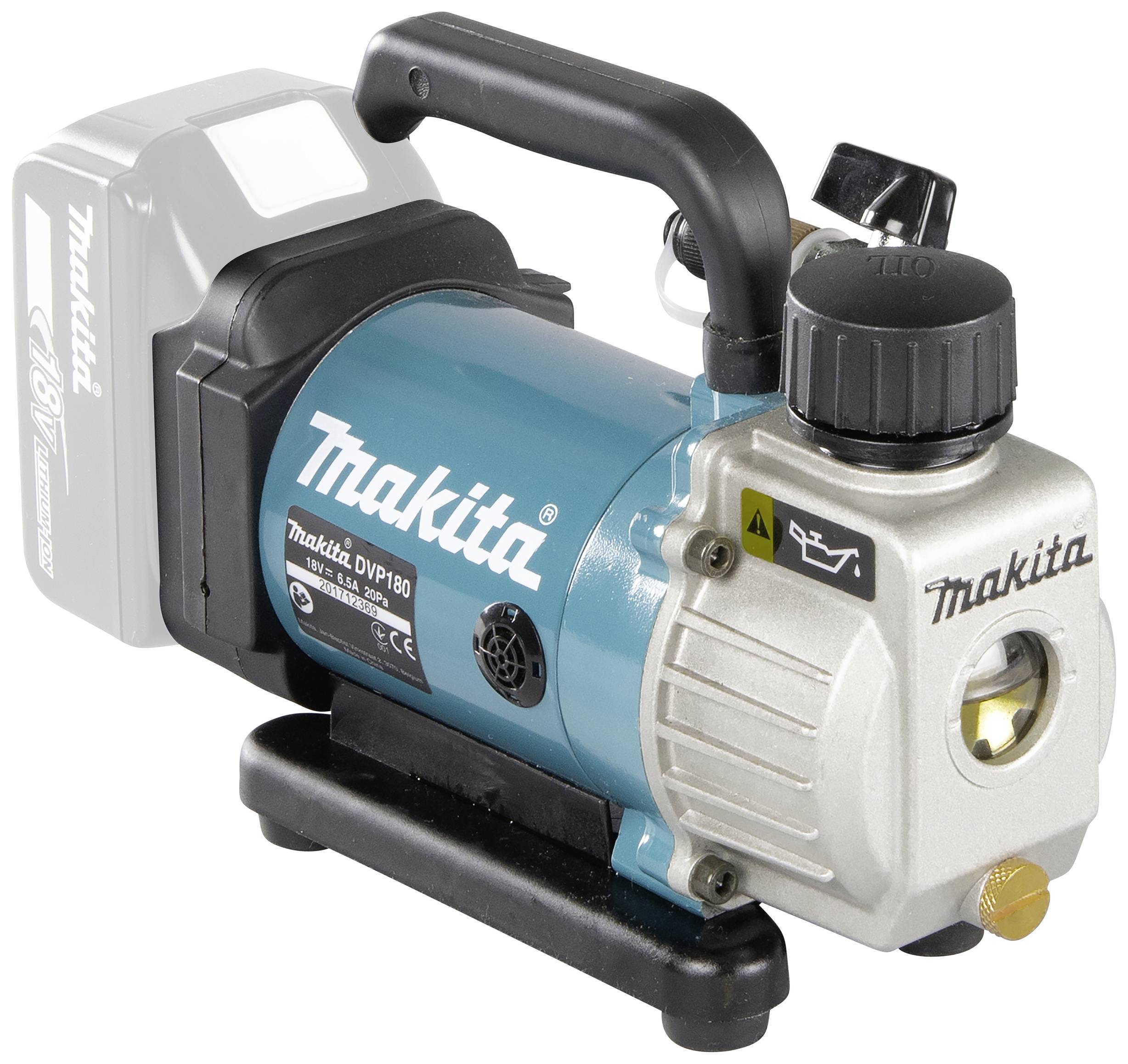Accugestuurde vacuümpomp van Makita, model DVP180, met een blaue behuizing, zwarte handgreep en grijze aansluiting voor een accu.