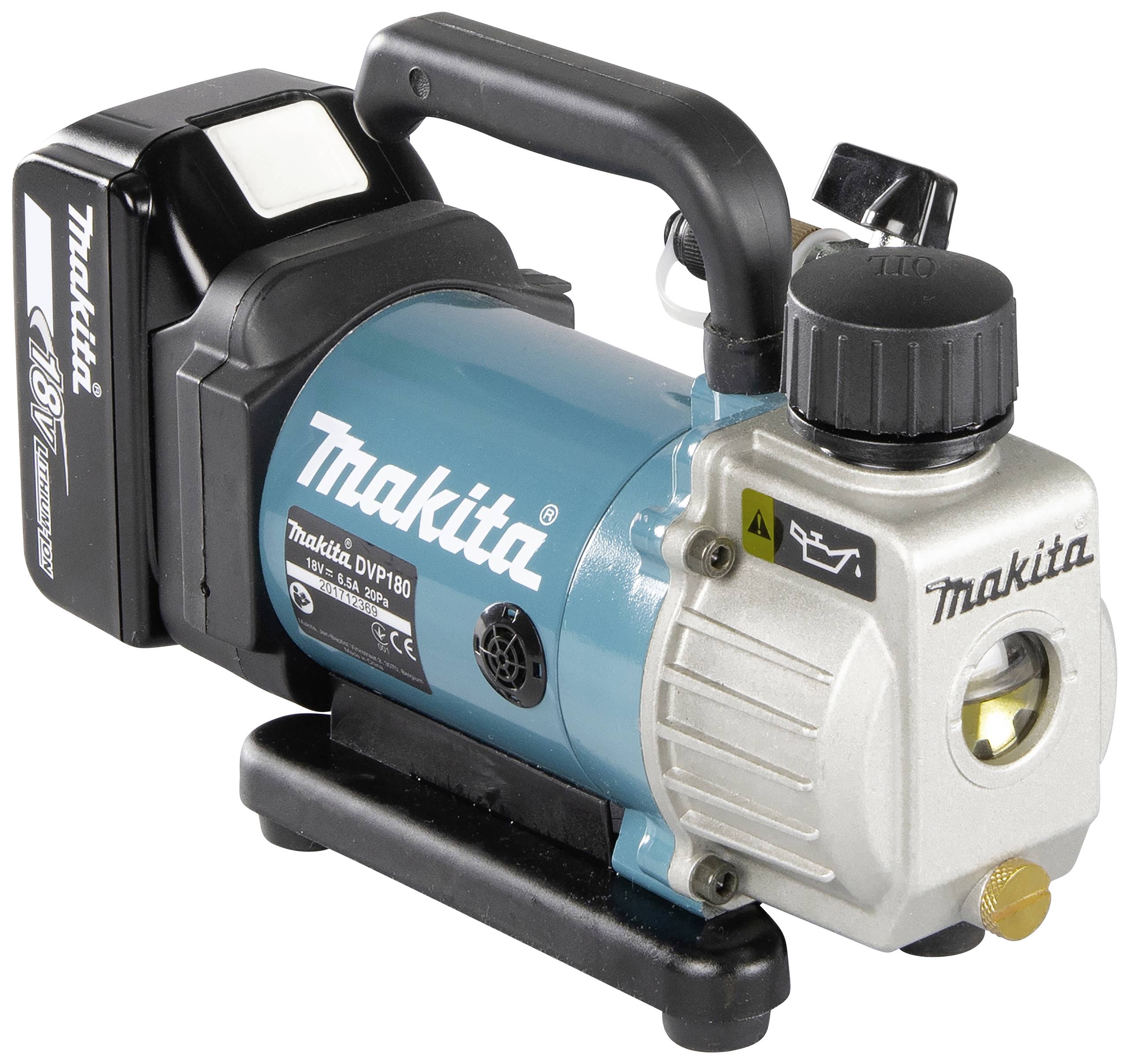 Een draagbare, blauwe vacuümpomp-compressor van het merk Makita, model DVP180, met zwarte handgreep en batterij. Ideaal voor technische werkzaamheden.