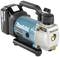 Een draagbare, blauwe vacuümpomp-compressor van het merk Makita, model DVP180, met zwarte handgreep en batterij. Ideaal voor technische werkzaamheden.