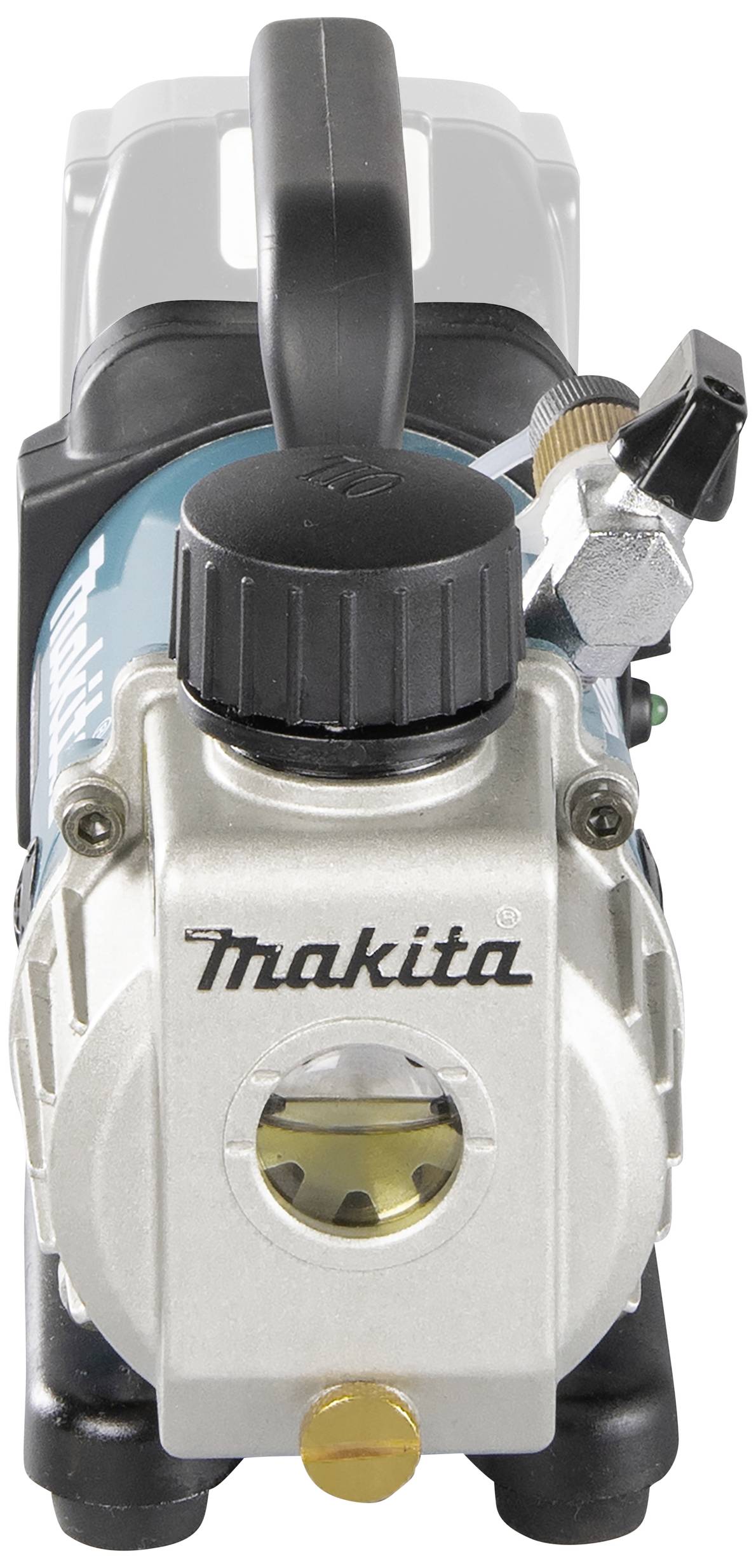 Kleine luchtcompressor met 'Makita'-logo, bestaande uit metalen en kunststof onderdelen. Vooraanzicht toont handgreep en regelaar.